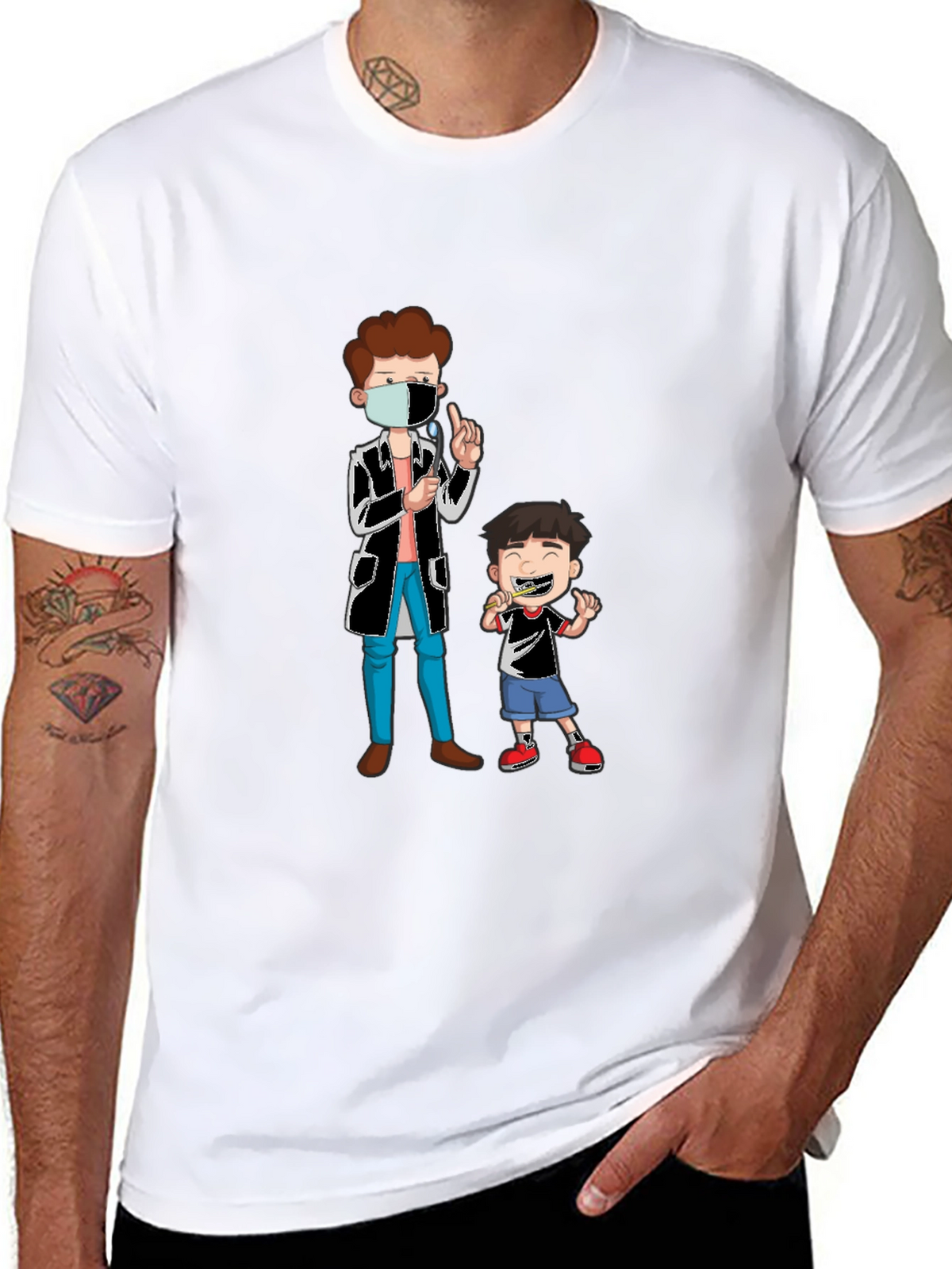 Dentist & Boy Cartoon Graphic Black T-Shirt