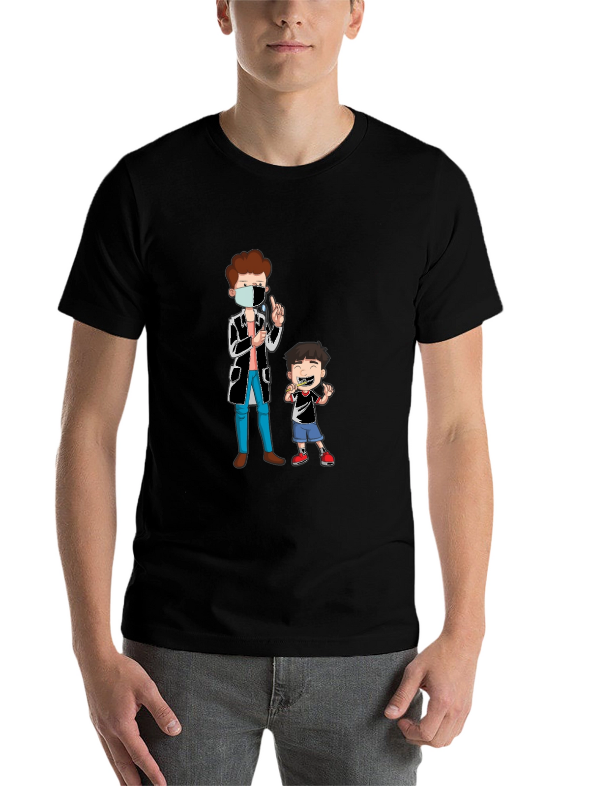 Dentist & Boy Cartoon Graphic Black T-Shirt