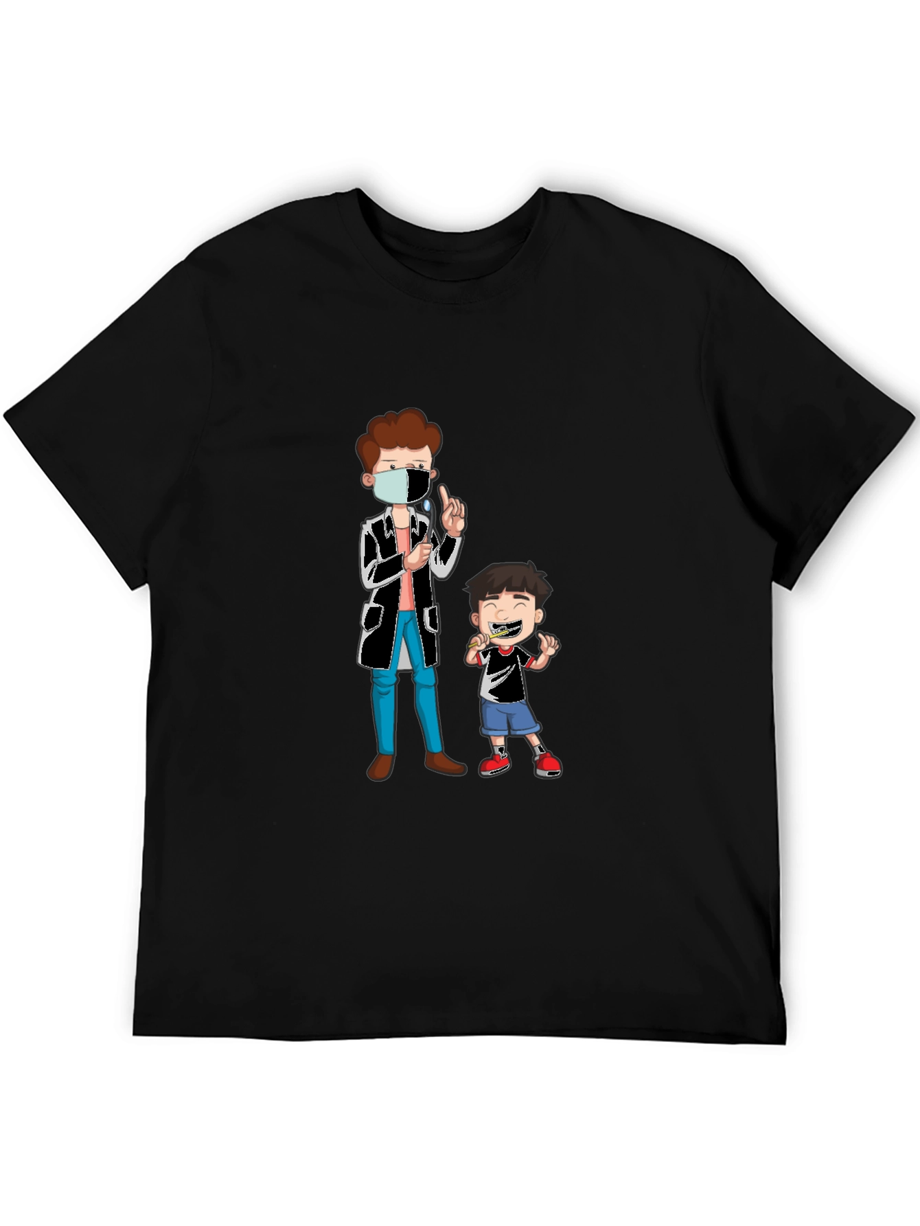 Dentist & Boy Cartoon Graphic Black T-Shirt