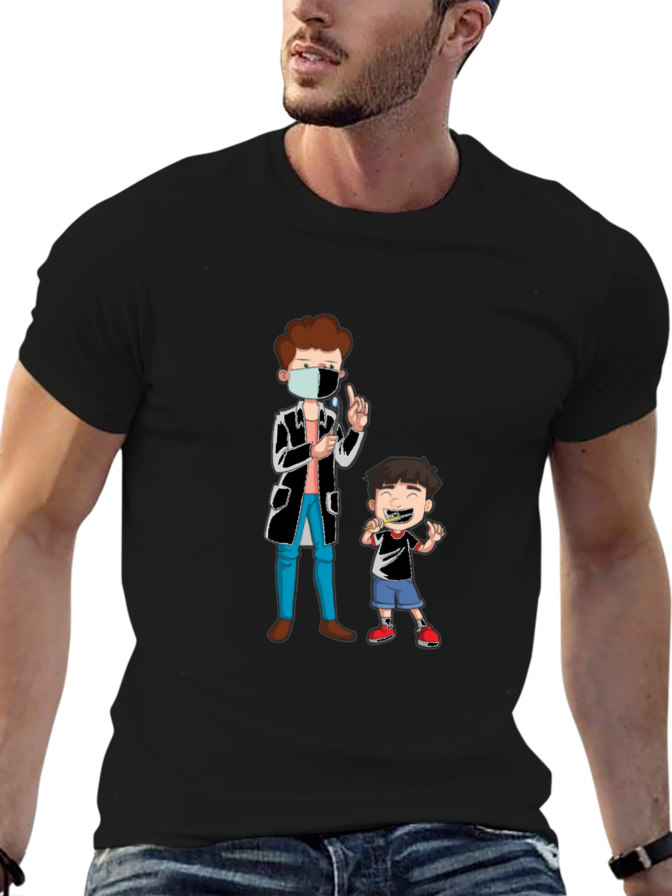 Dentist & Boy Cartoon Graphic Black T-Shirt