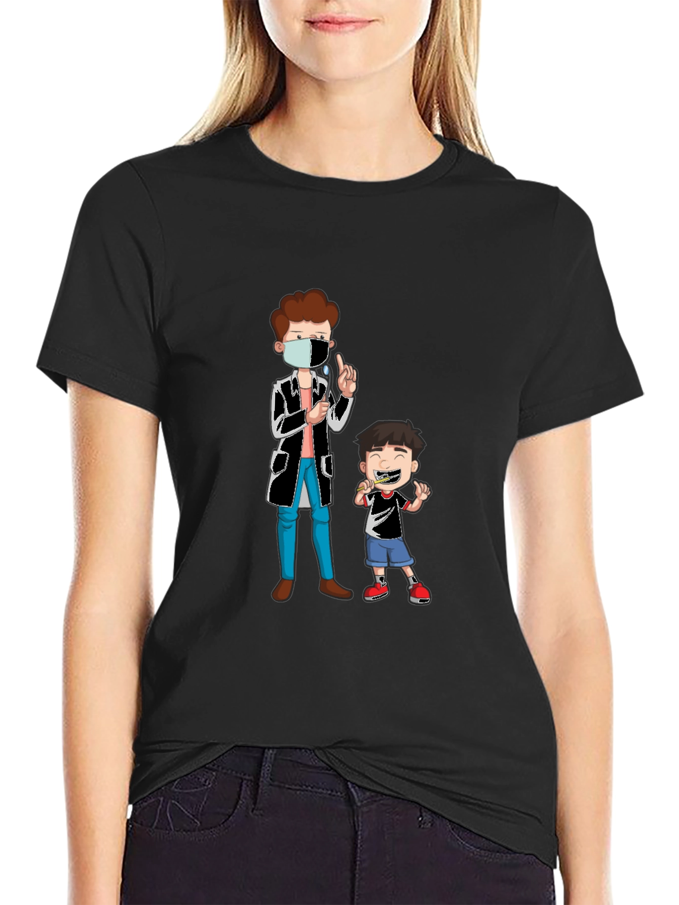 Dentist & Boy Cartoon Graphic Black T-Shirt