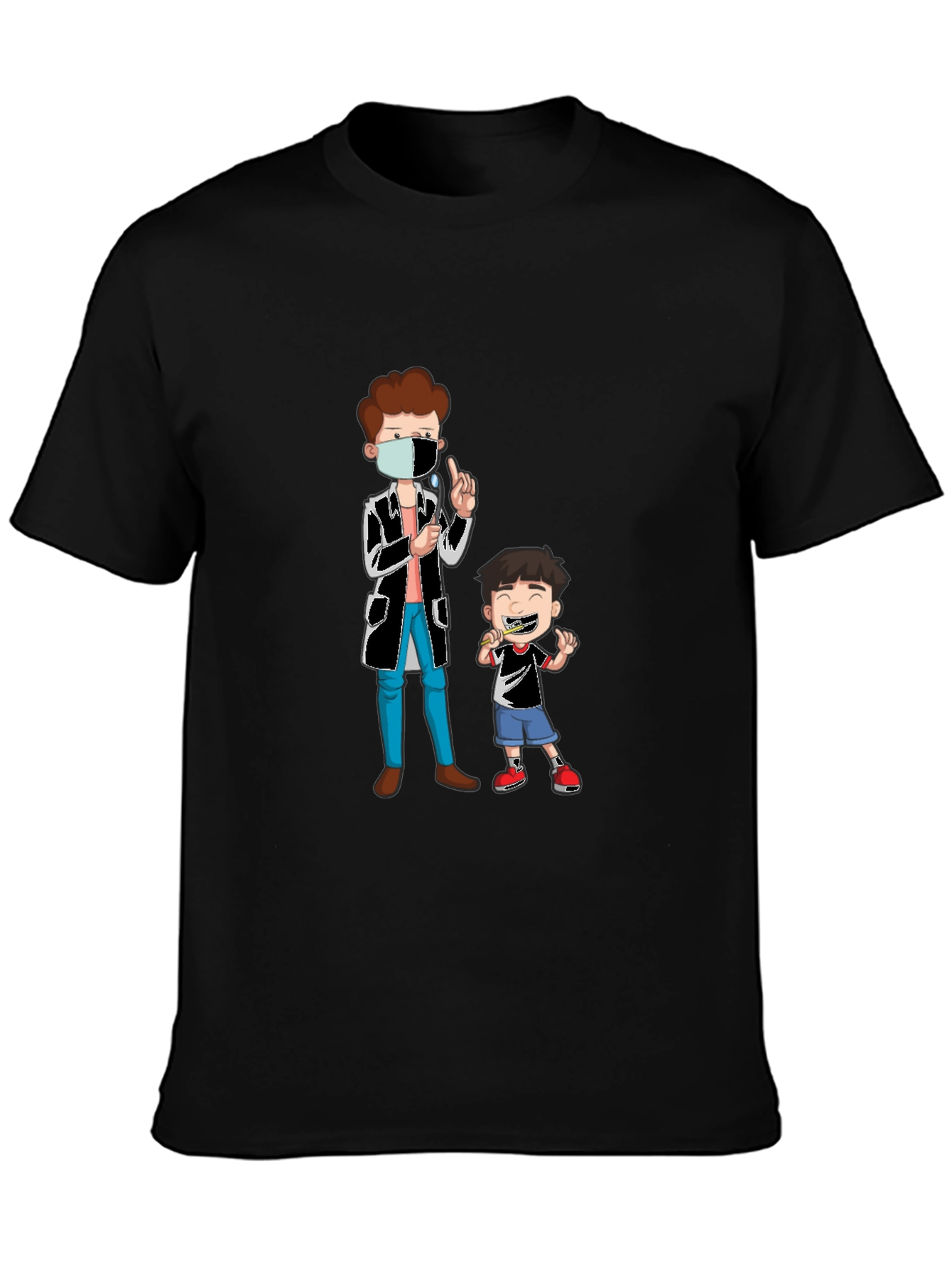 Dentist & Boy Cartoon Graphic Black T-Shirt