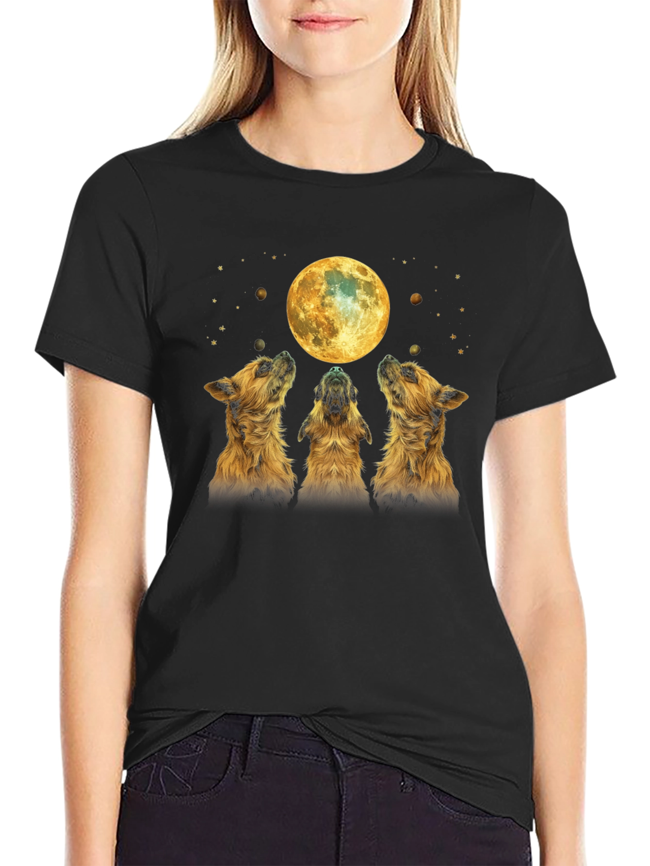 Dog Howling at Moon Black T-Shirt