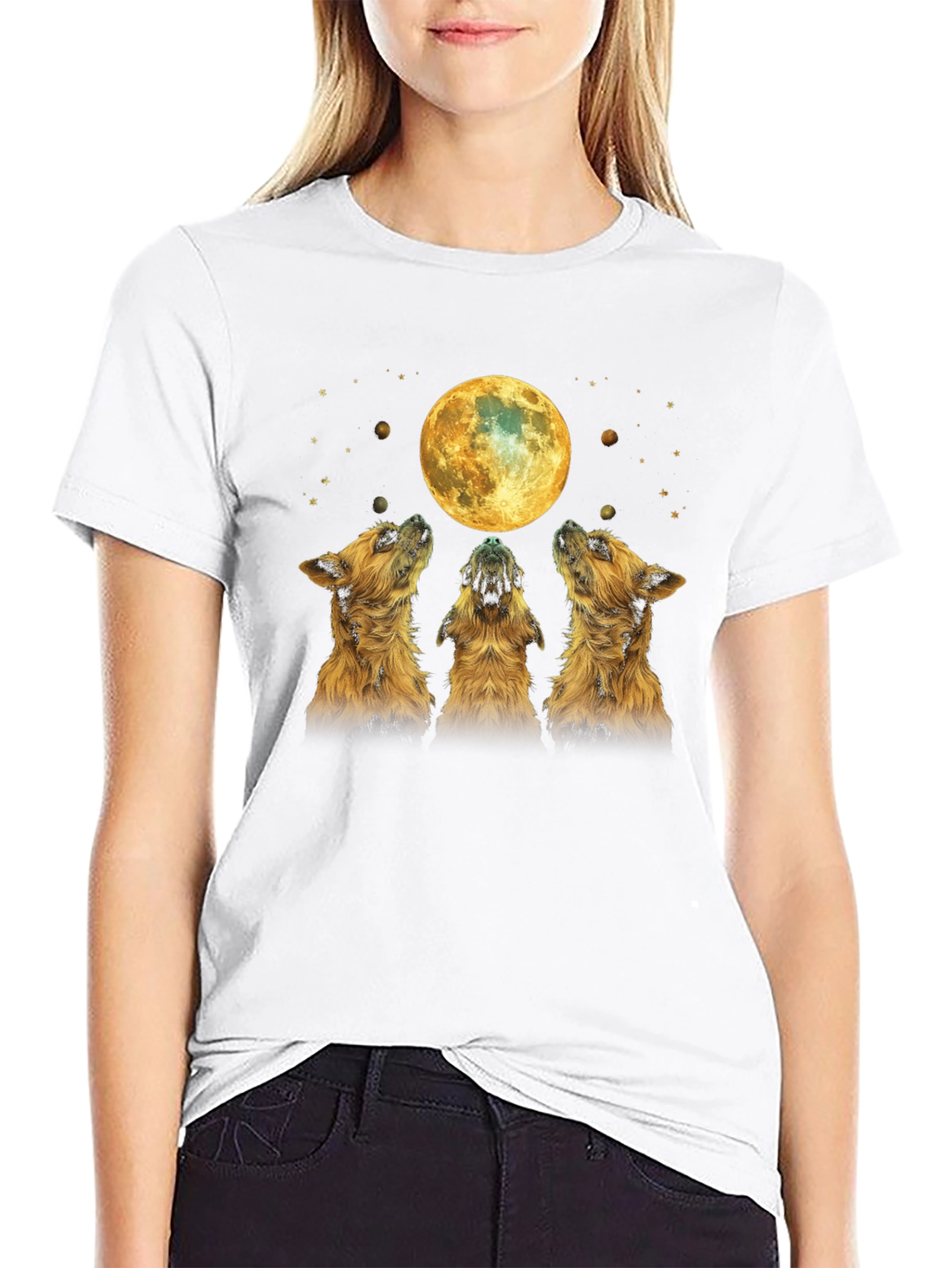 Dog Howling at Moon Black T-Shirt