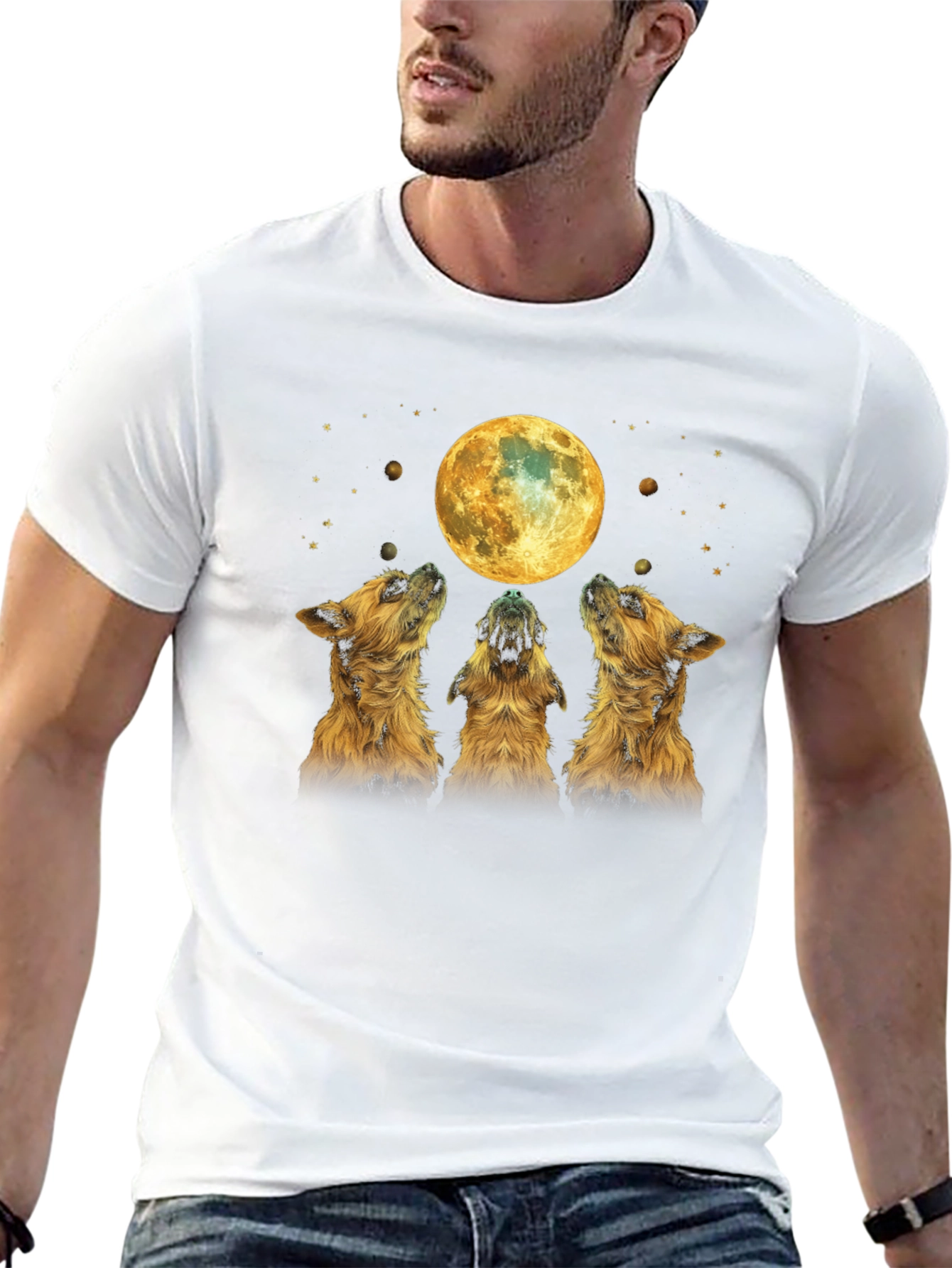 Dog Howling at Moon Black T-Shirt
