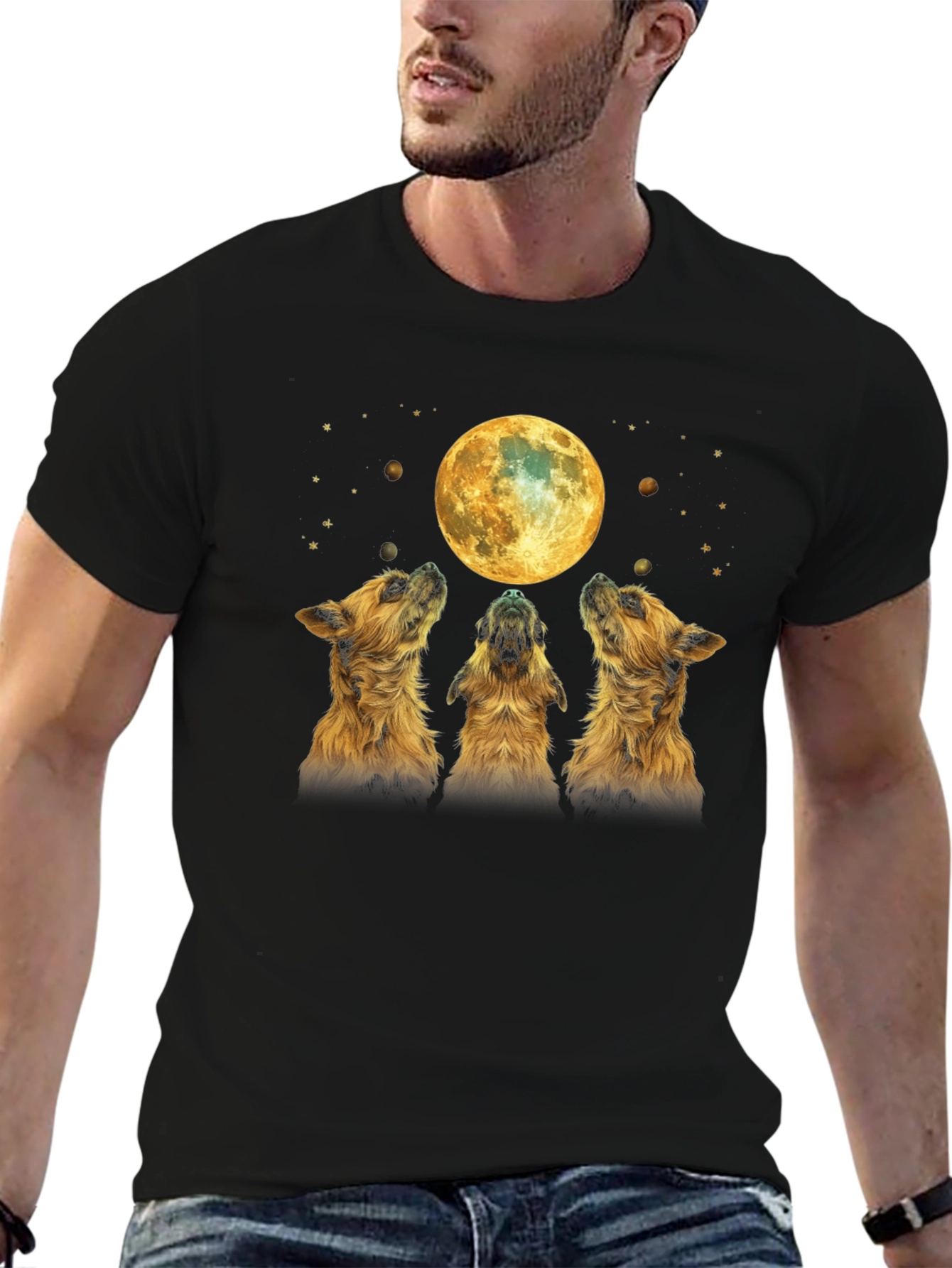 Dog Howling at Moon Black T-Shirt