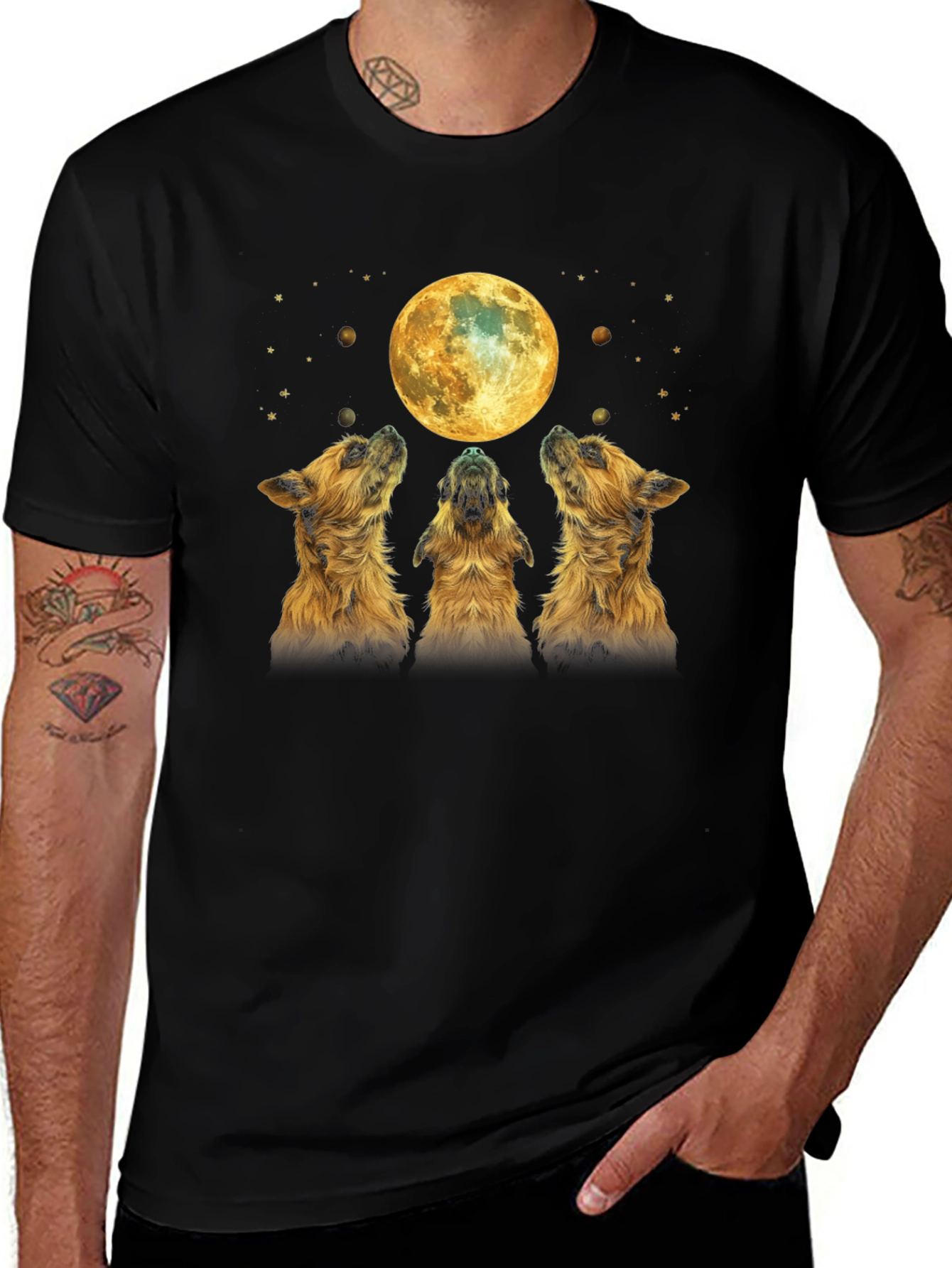 Dog Howling at Moon Black T-Shirt