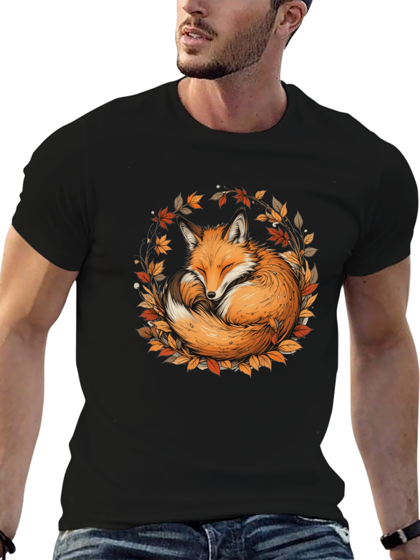 Fox & Foliage Black T-Shirt - Autumnal Design