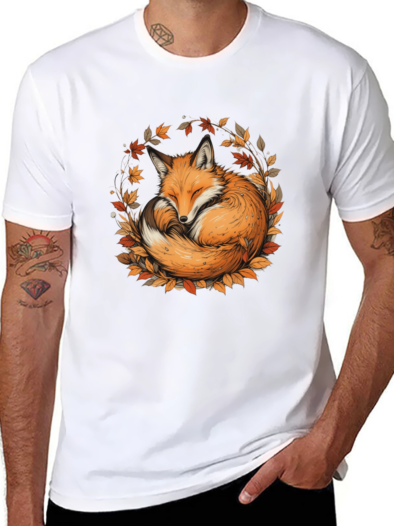 Fox & Foliage Black T-Shirt - Autumnal Design