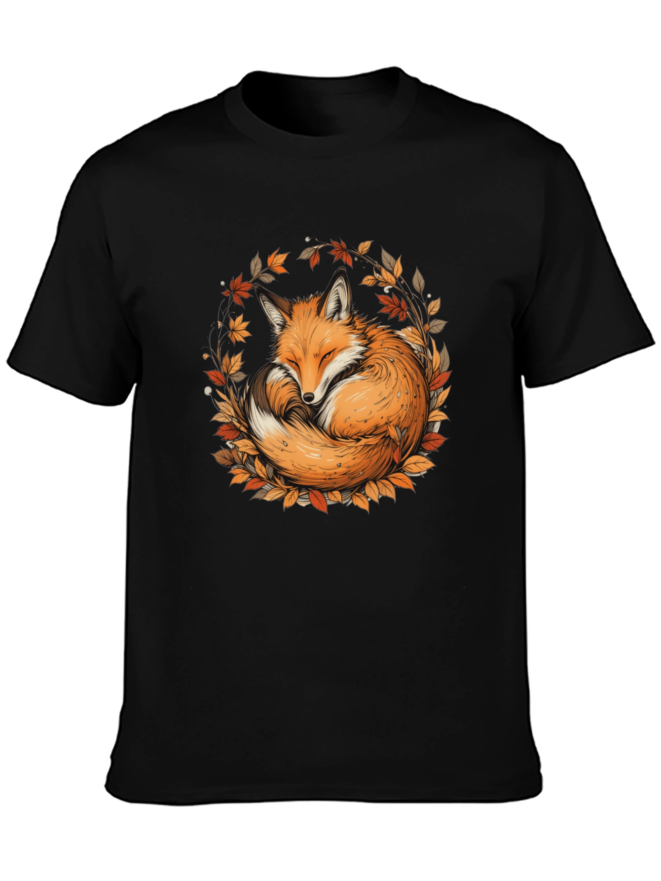 Fox & Foliage Black T-Shirt - Autumnal Design