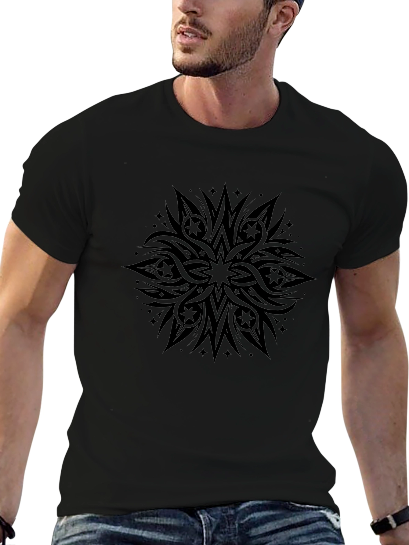 Mens Black Graphic Tee - Tribal Starburst Design