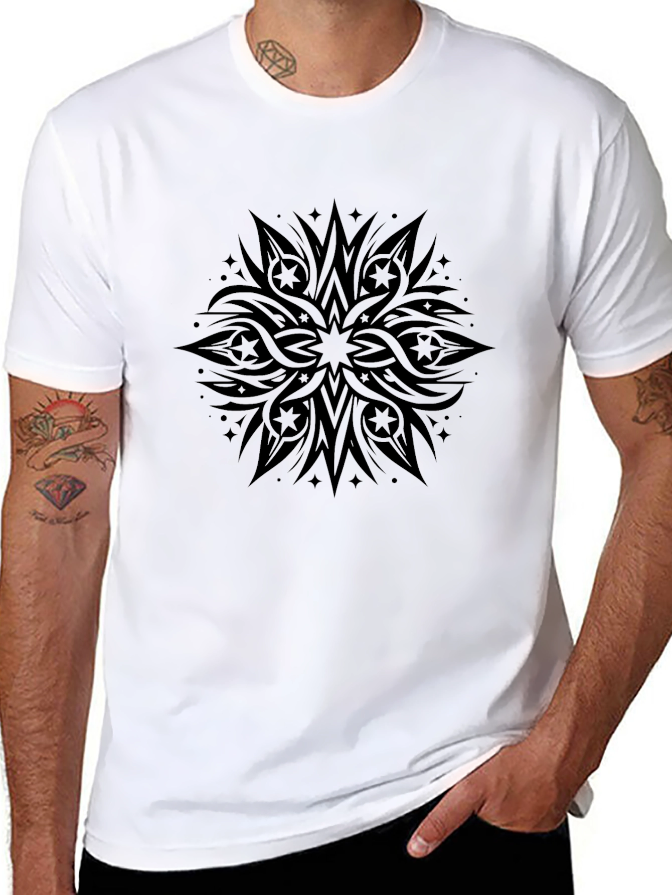 Mens Black Graphic Tee - Tribal Starburst Design