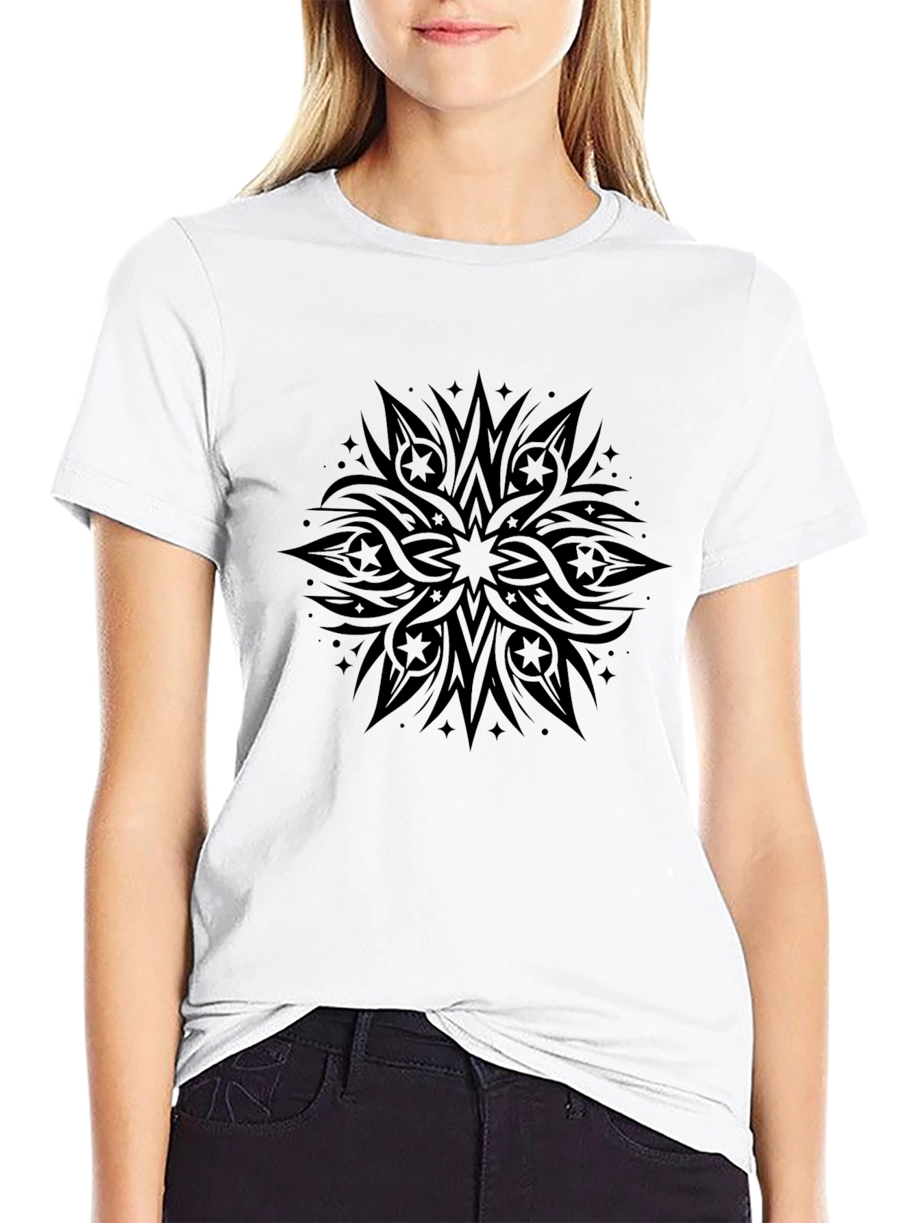 Mens Black Graphic Tee - Tribal Starburst Design