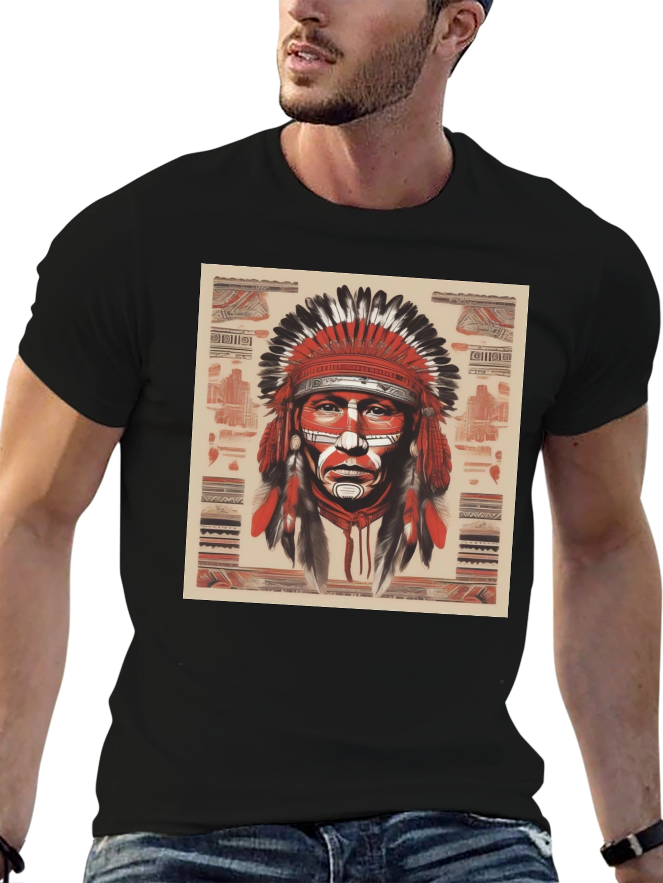 Native American Chief Graphic Tee - Black Cotton