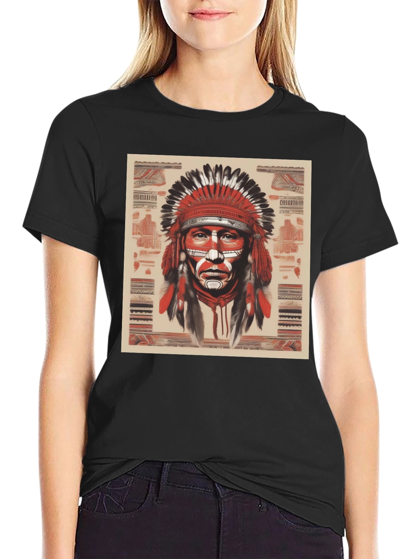 Native American Chief Graphic Tee - Black Cotton