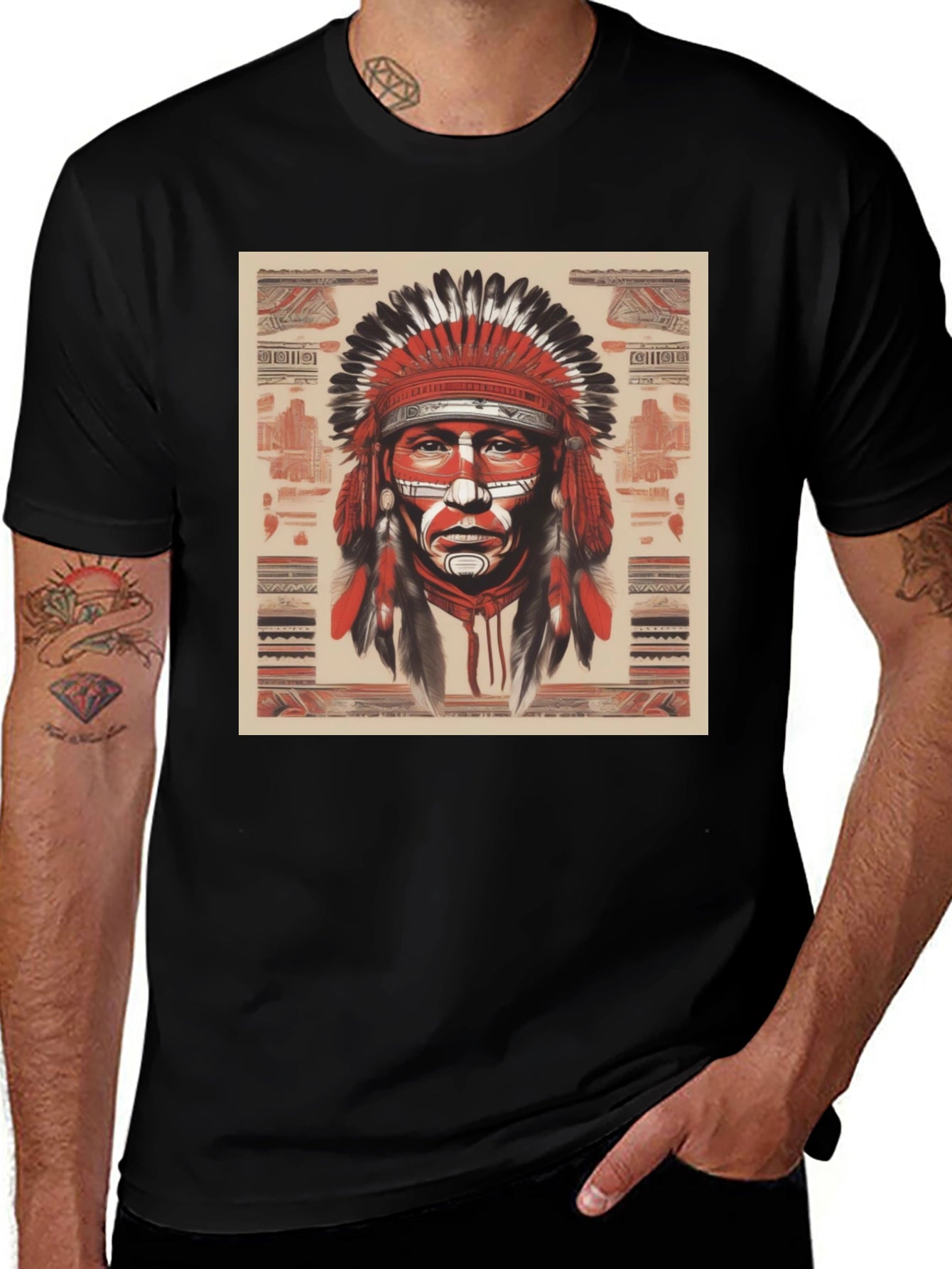 Native American Chief Graphic Tee - Black Cotton