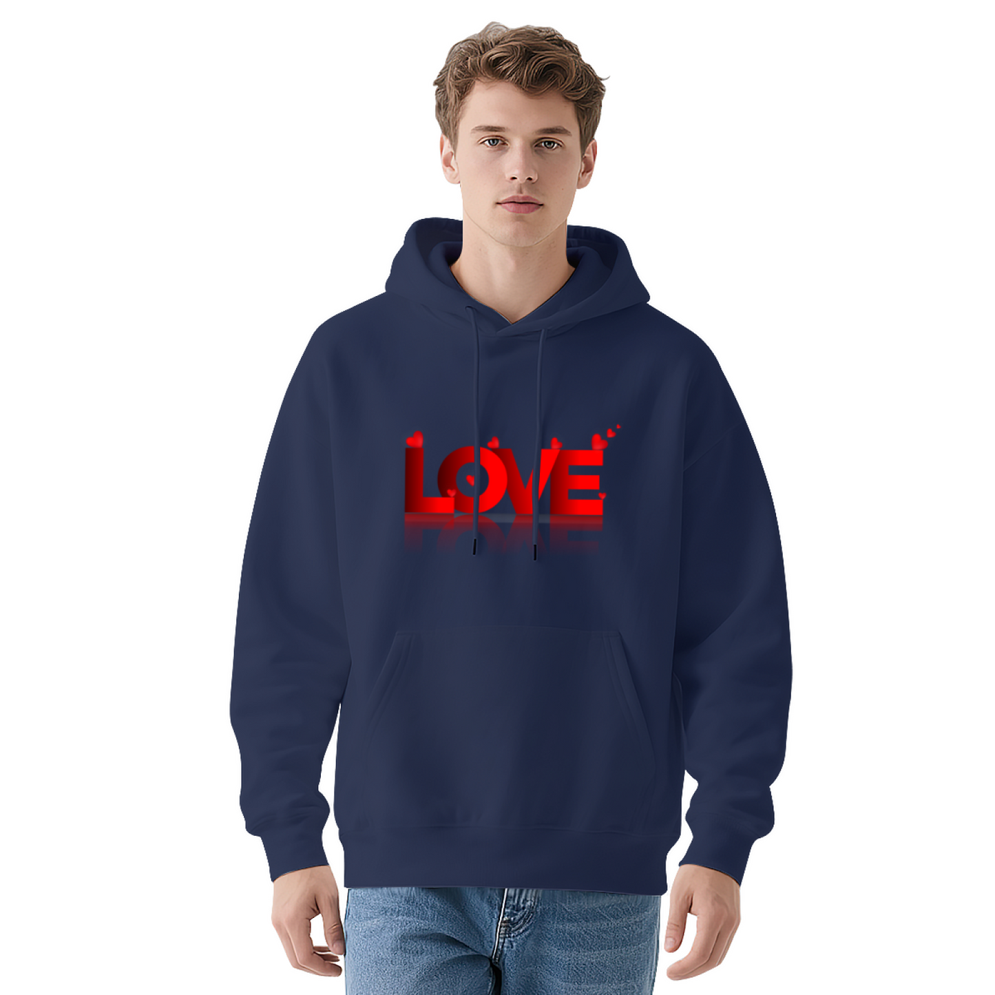 Red Heart LOVE Mirror Print Hoodie, Sweet Soft Comfort White Couple Hooded Top
