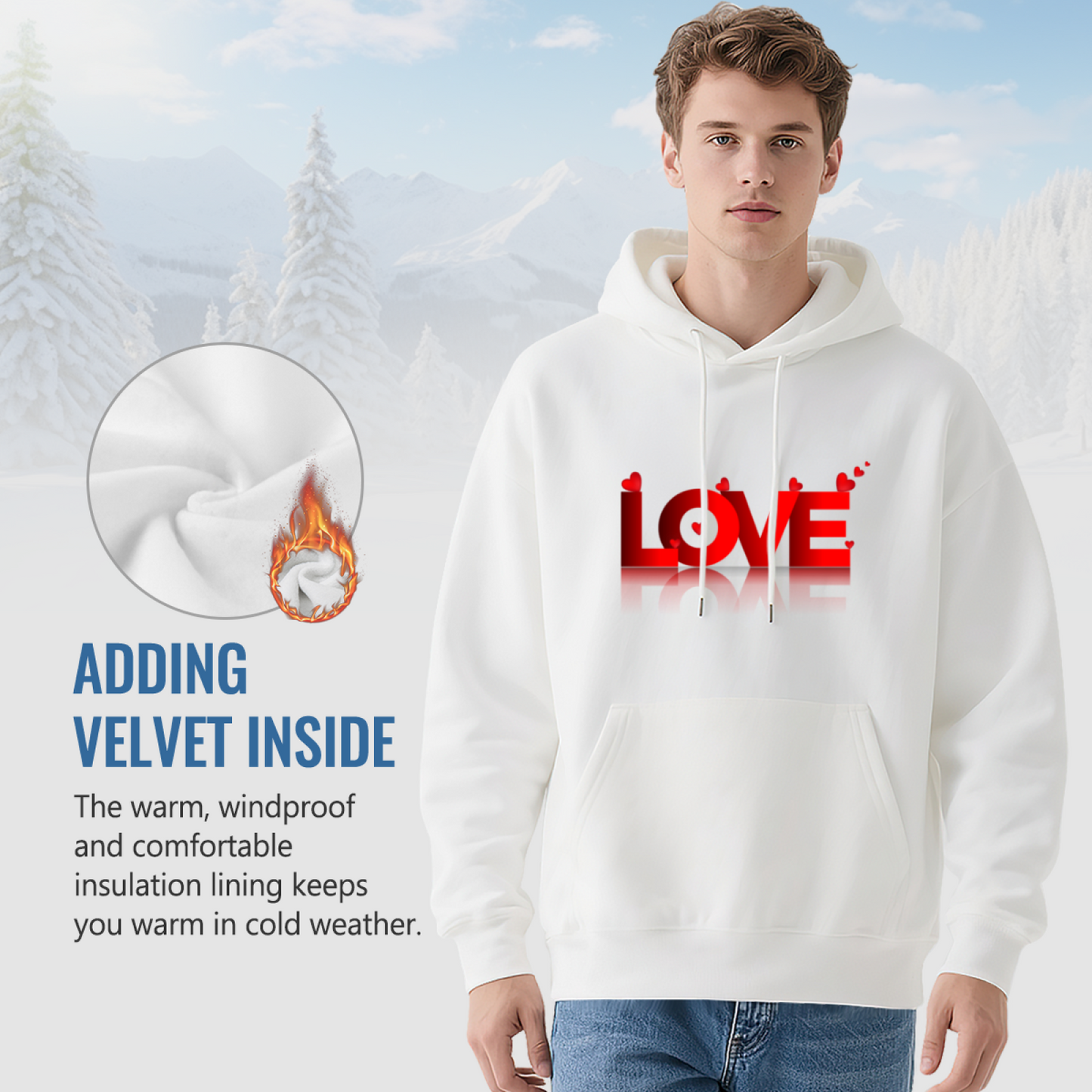 Red Heart LOVE Mirror Print Hoodie, Sweet Soft Comfort White Couple Hooded Top