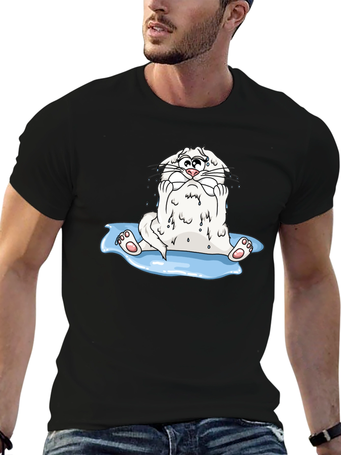 Funny Cartoon Cat Black T-Shirt