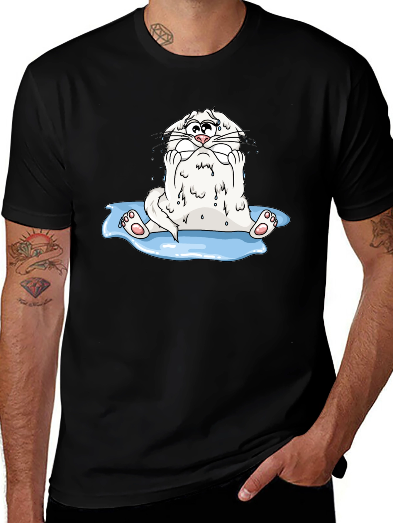 Funny Cartoon Cat Black T-Shirt