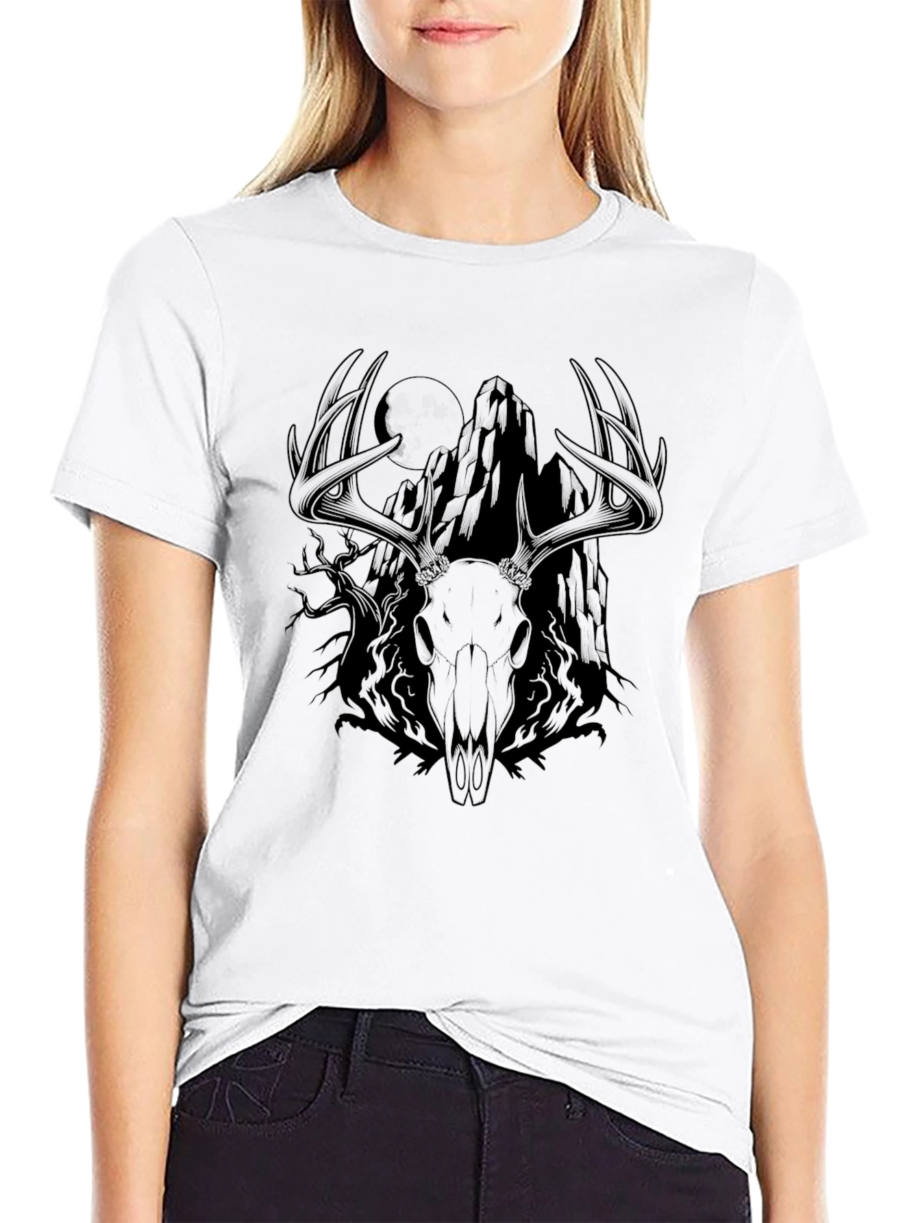 Mens Black Deer Skull Mountain Graphic Tee