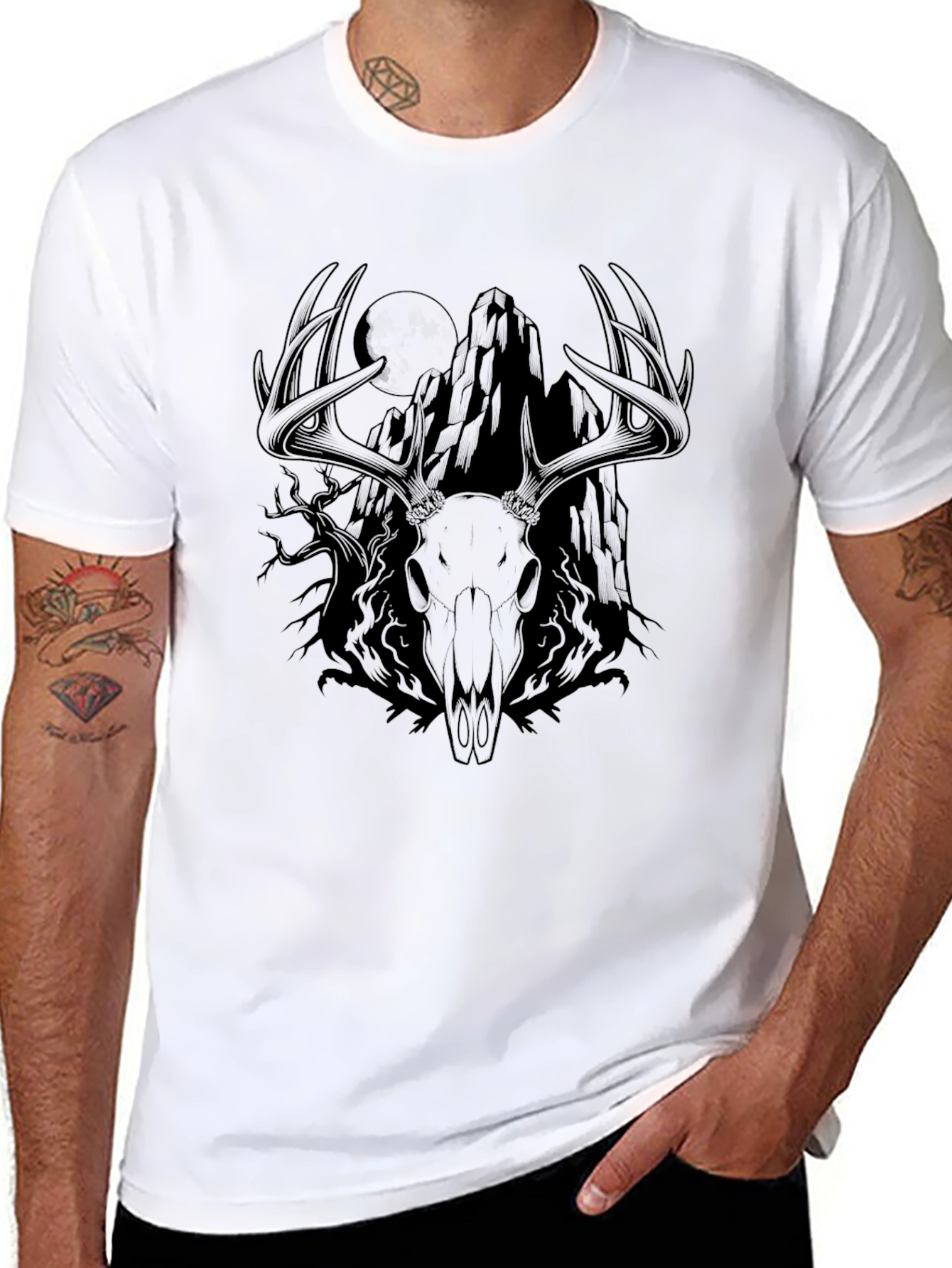Mens Black Deer Skull Mountain Graphic Tee