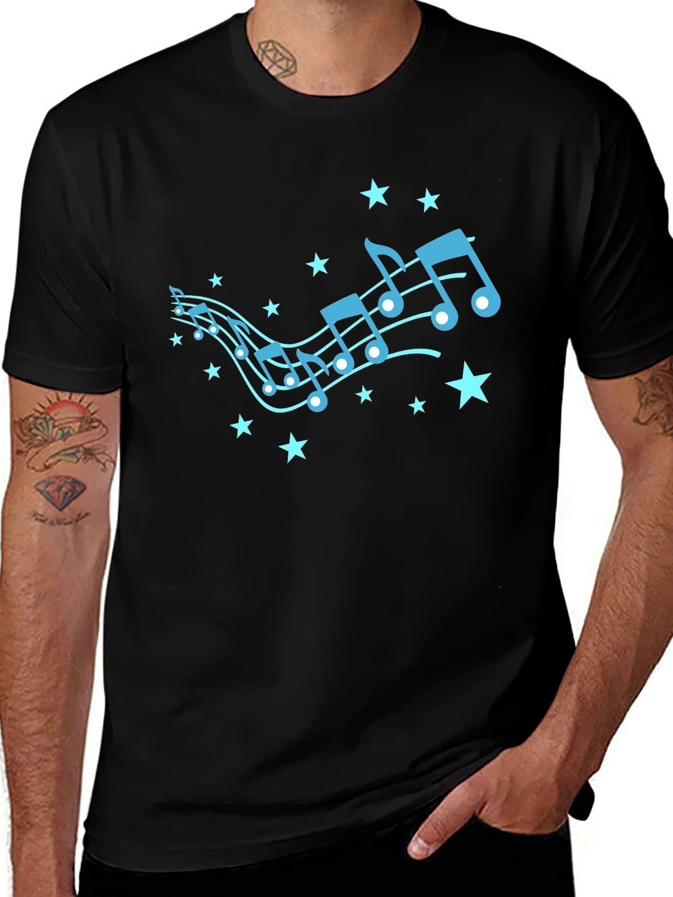 Music Notes & Stars Graphic Black T-Shirt