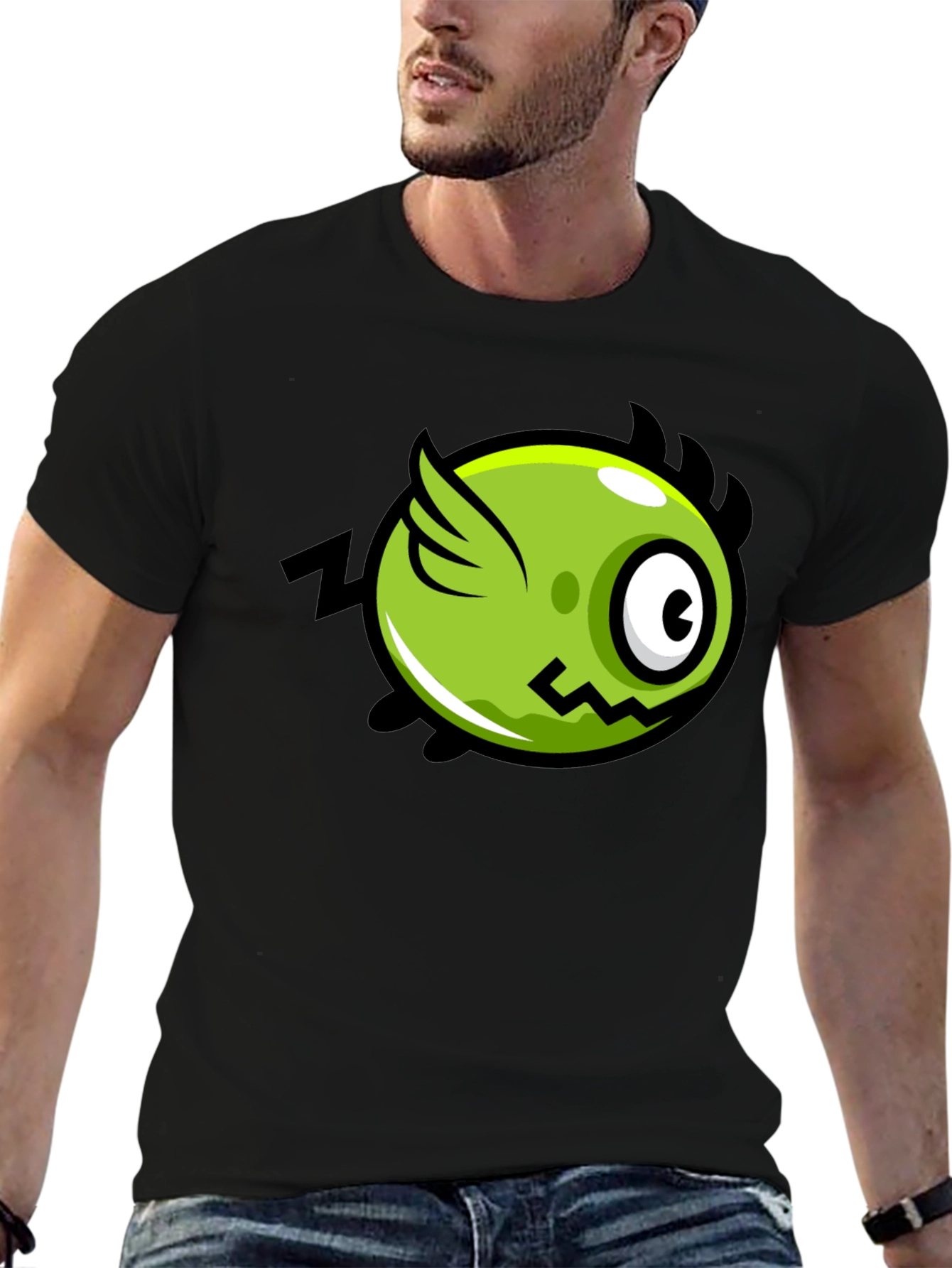 Funky Green Flying Eye Cartoon Black Tee