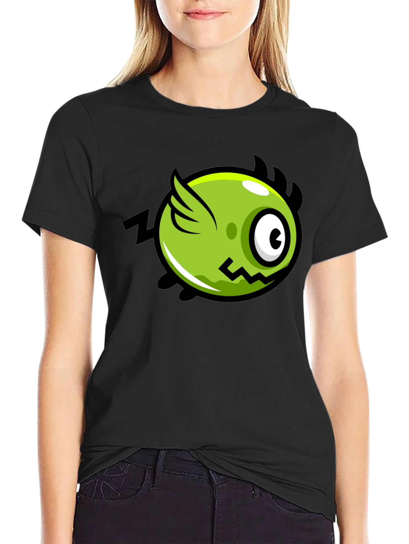 Funky Green Flying Eye Cartoon Black Tee