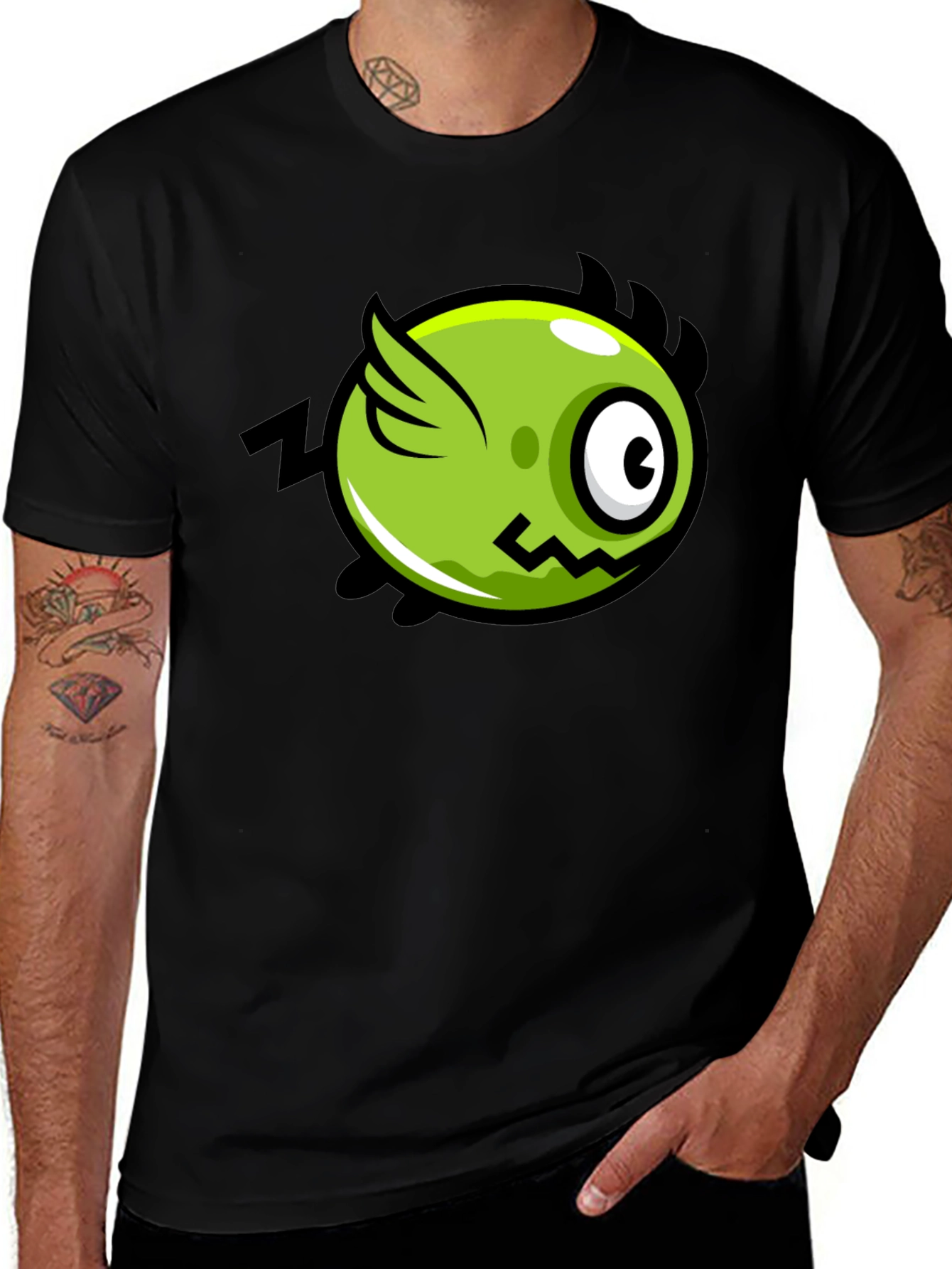 Funky Green Flying Eye Cartoon Black Tee