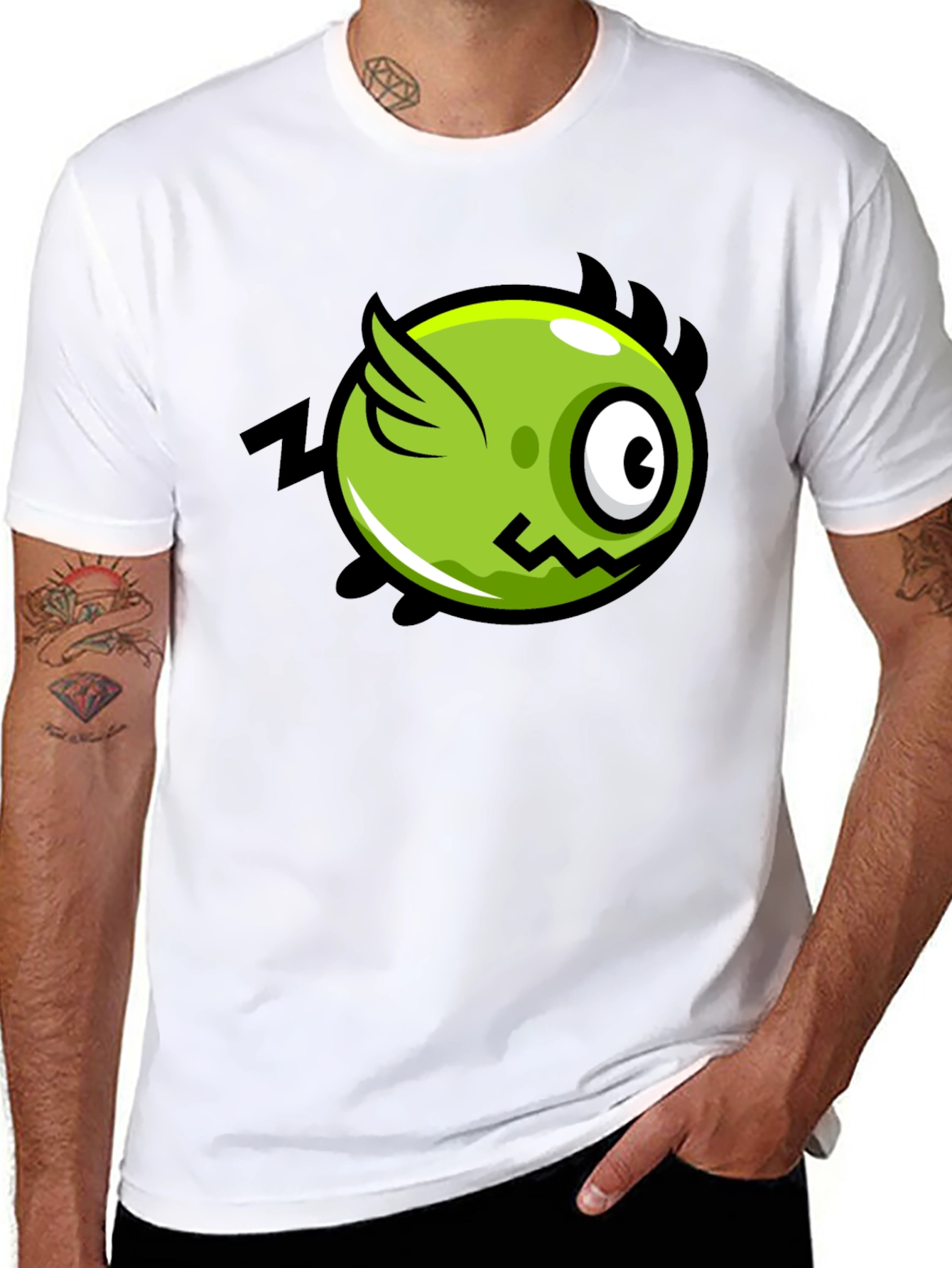 Funky Green Flying Eye Cartoon Black Tee