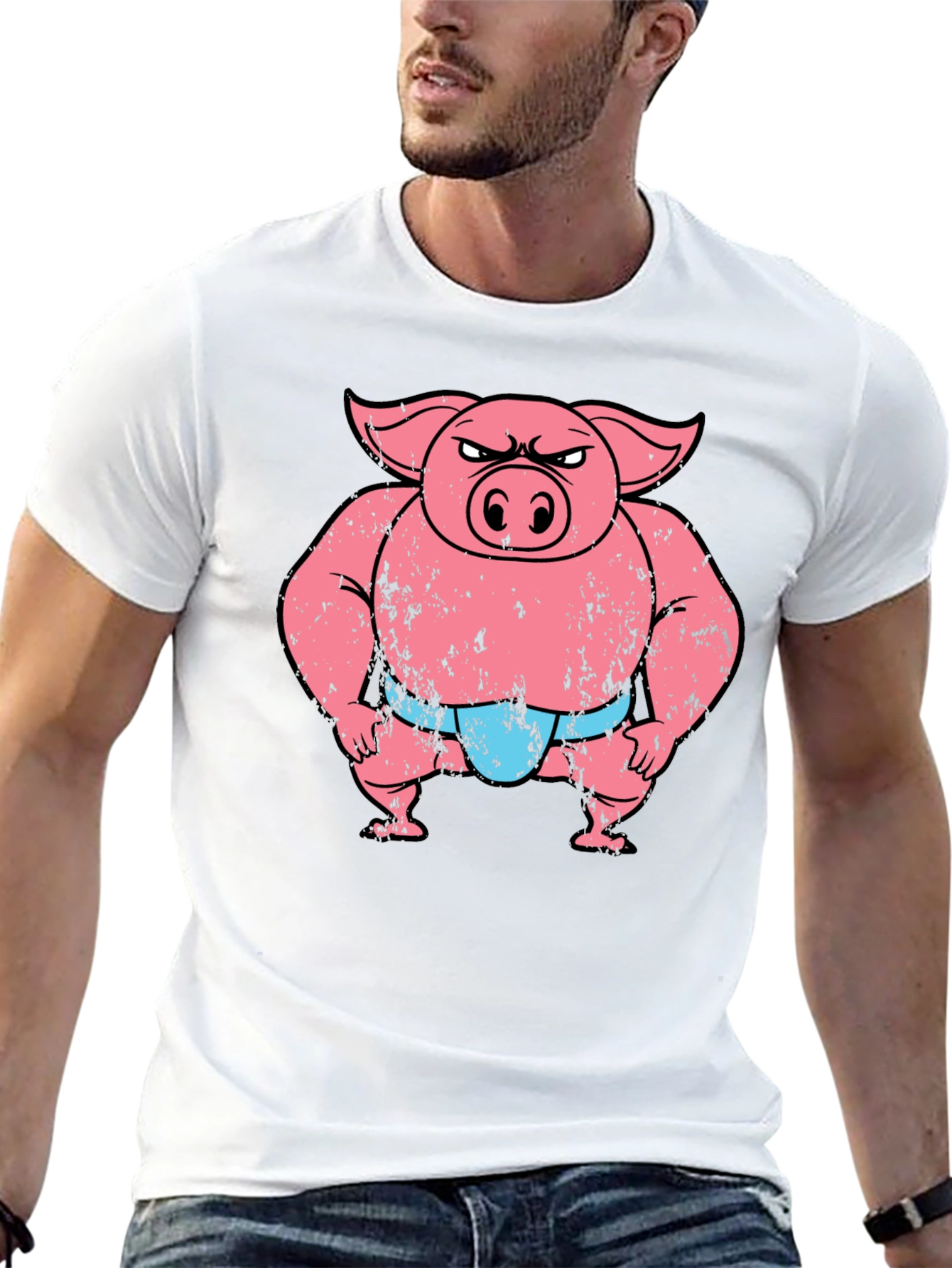Funny Angry Sumo Pig Graphic Tee - Black