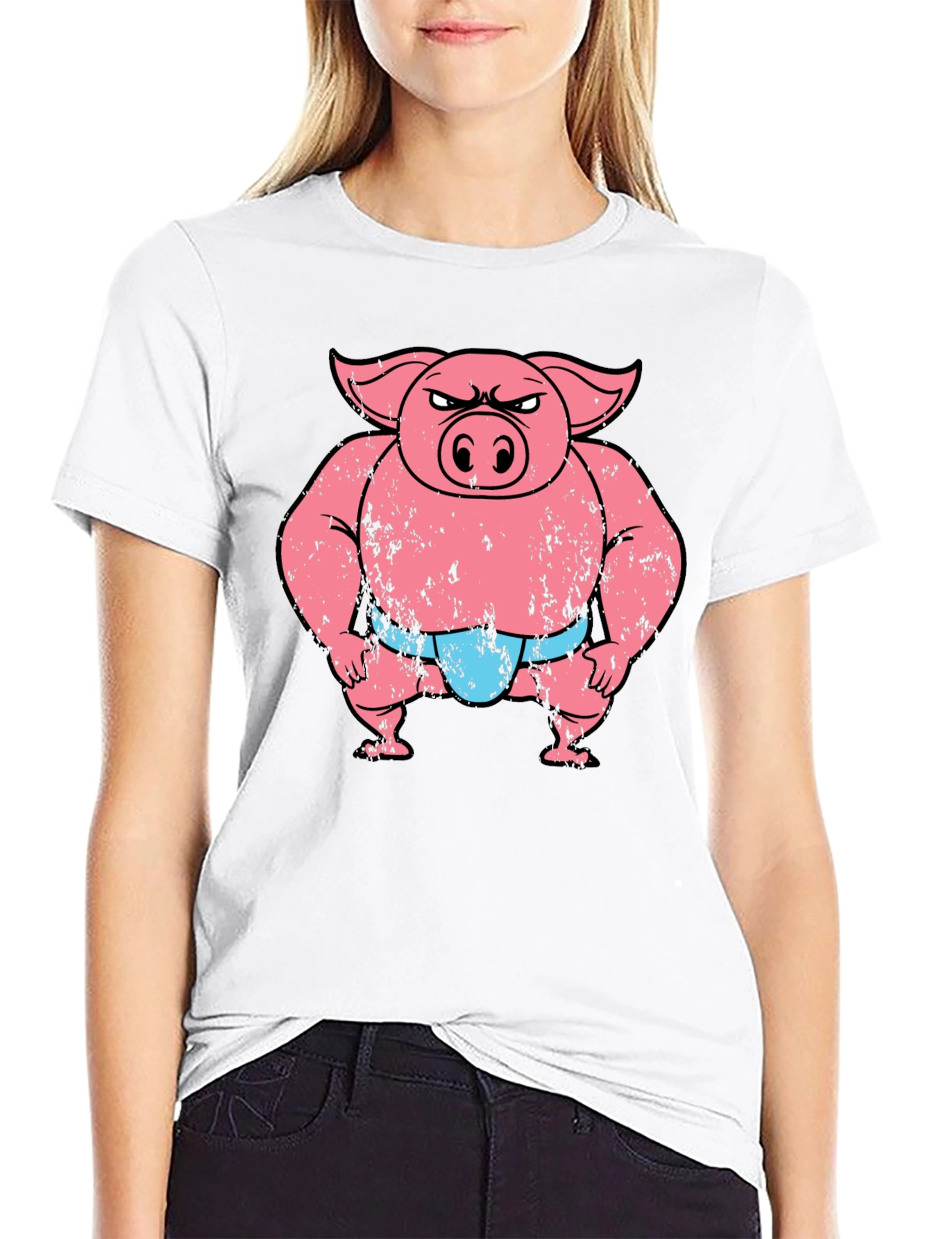 Funny Angry Sumo Pig Graphic Tee - Black