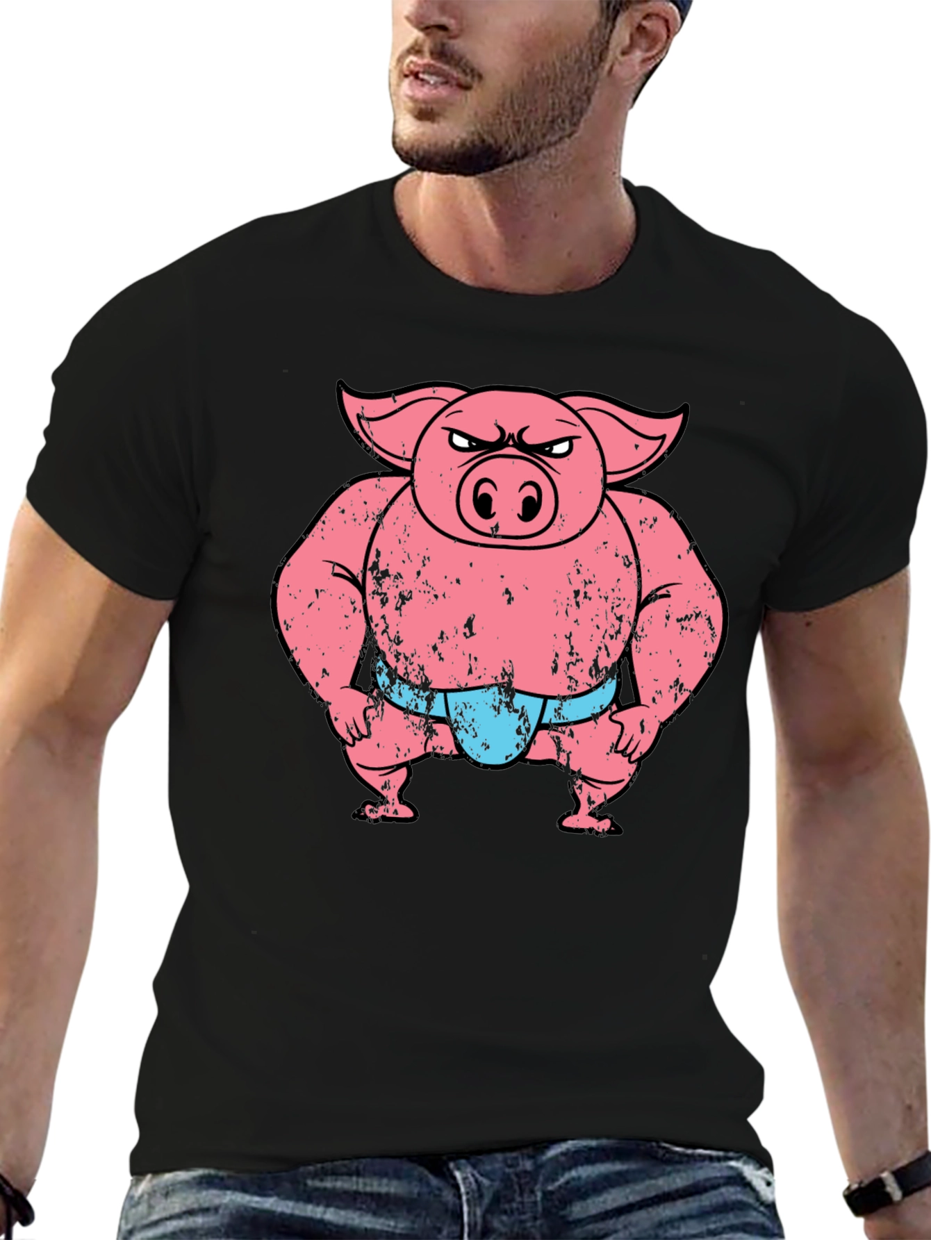 Funny Angry Sumo Pig Graphic Tee - Black