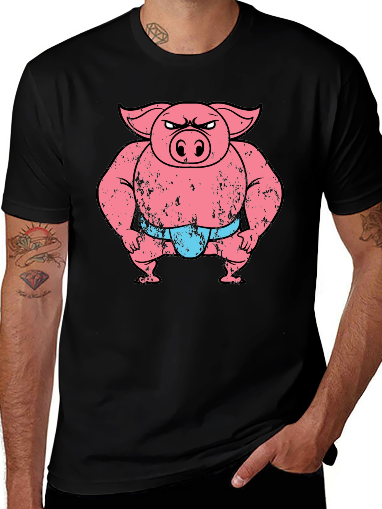 Funny Angry Sumo Pig Graphic Tee - Black