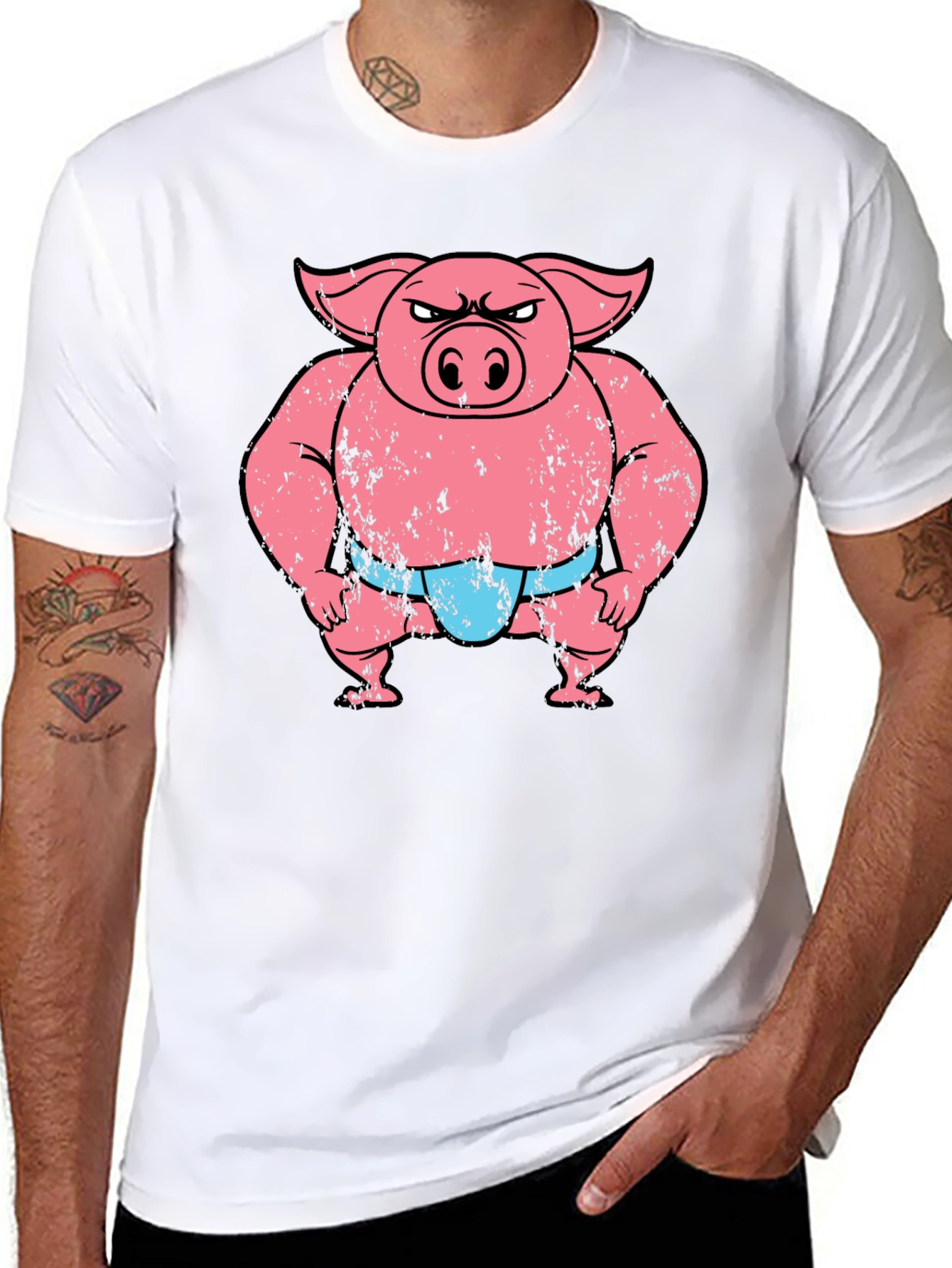 Funny Angry Sumo Pig Graphic Tee - Black
