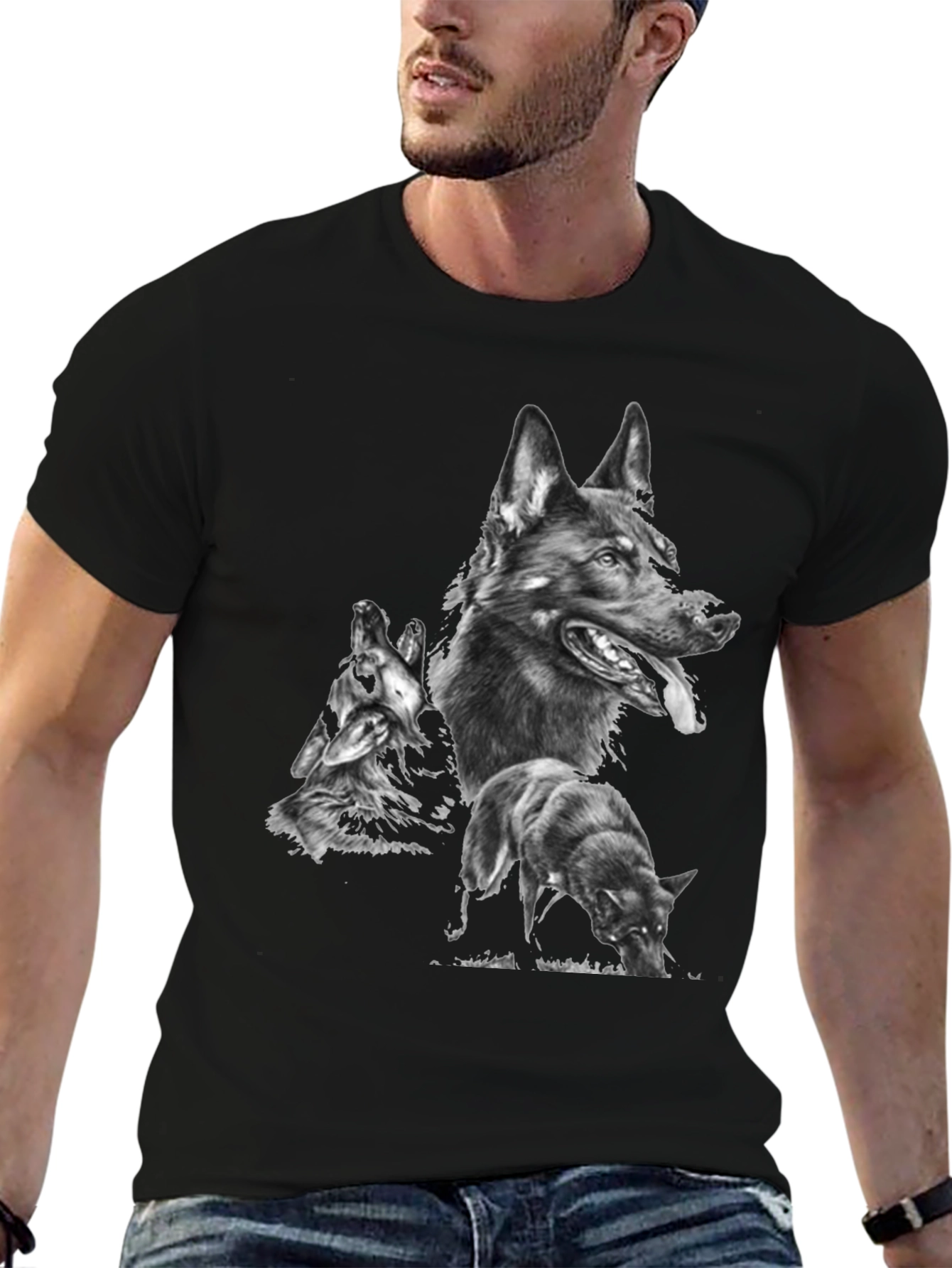 Mens Graphic Tee with Wolf Design - Black
