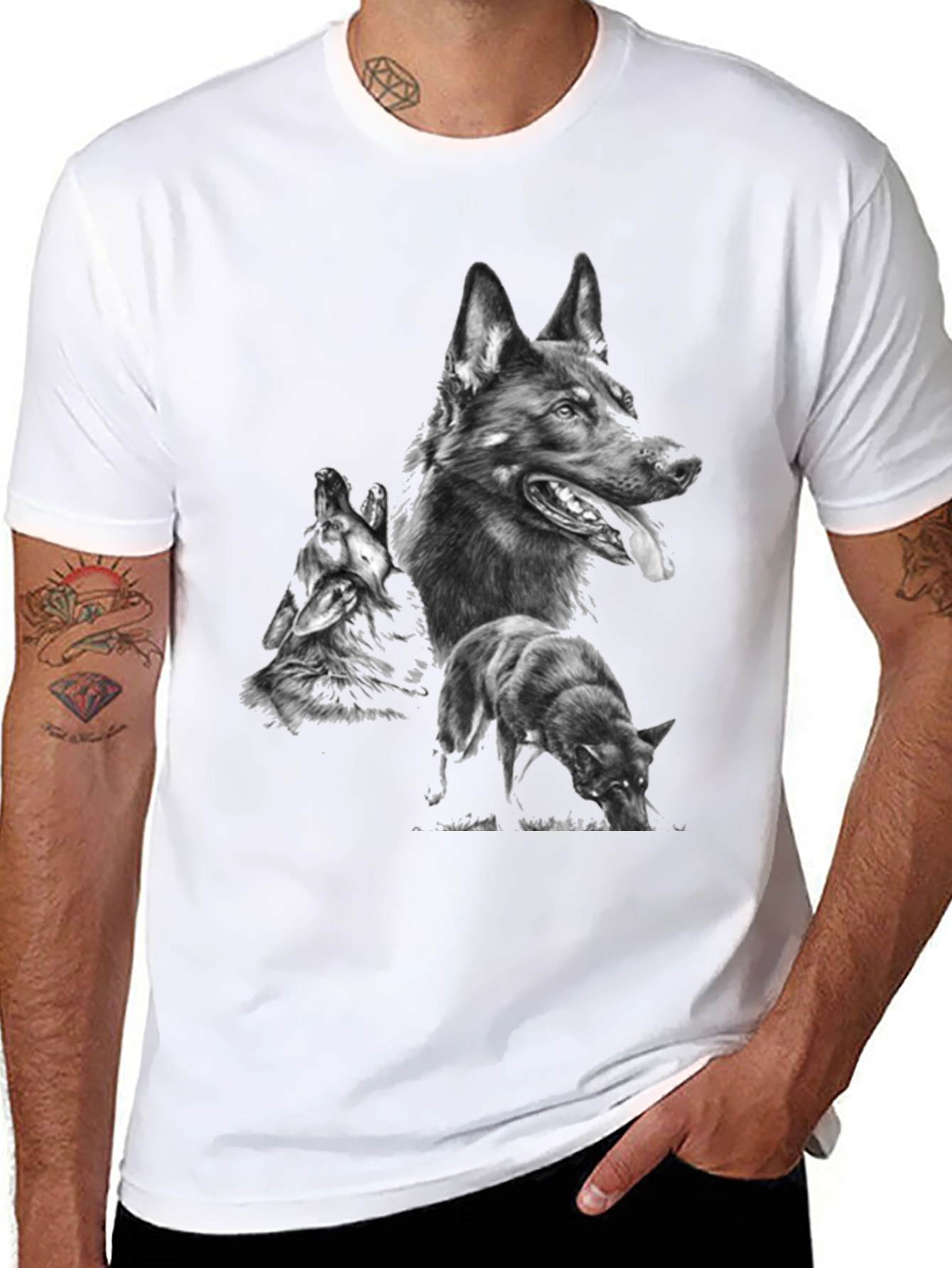 Mens Graphic Tee with Wolf Design - Black