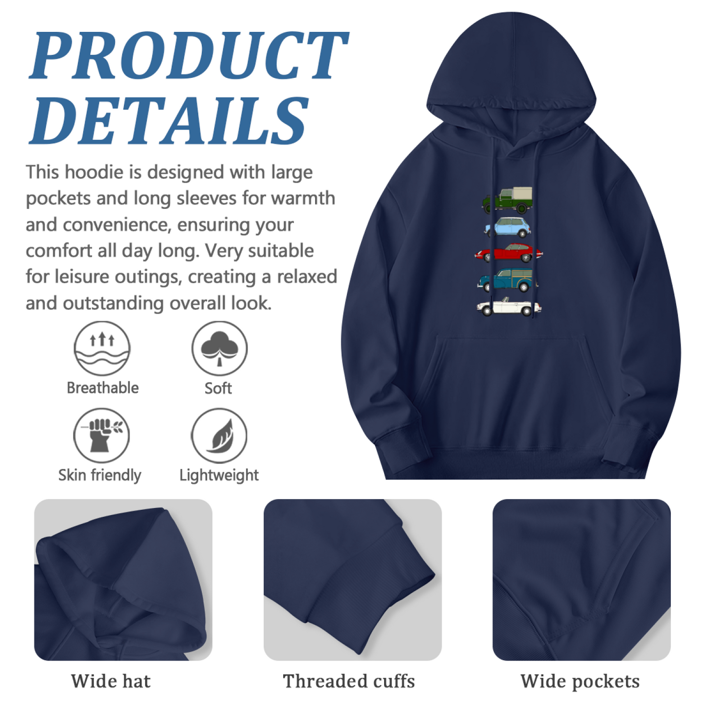 Vintage Classic Car Stack Navy Hoodie, Car Guy Soft Comfort Pullover