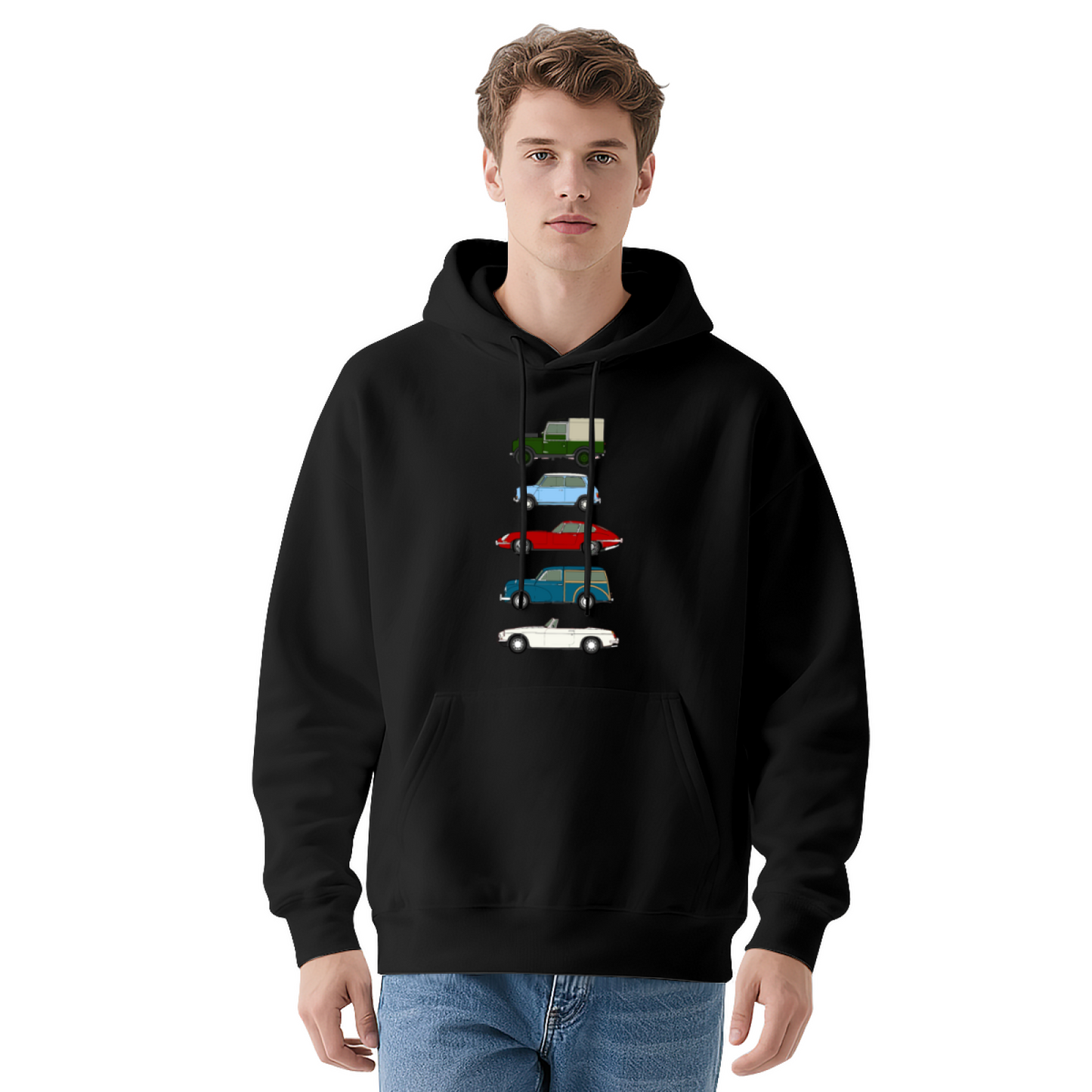 Vintage Classic Car Stack Navy Hoodie, Car Guy Soft Comfort Pullover