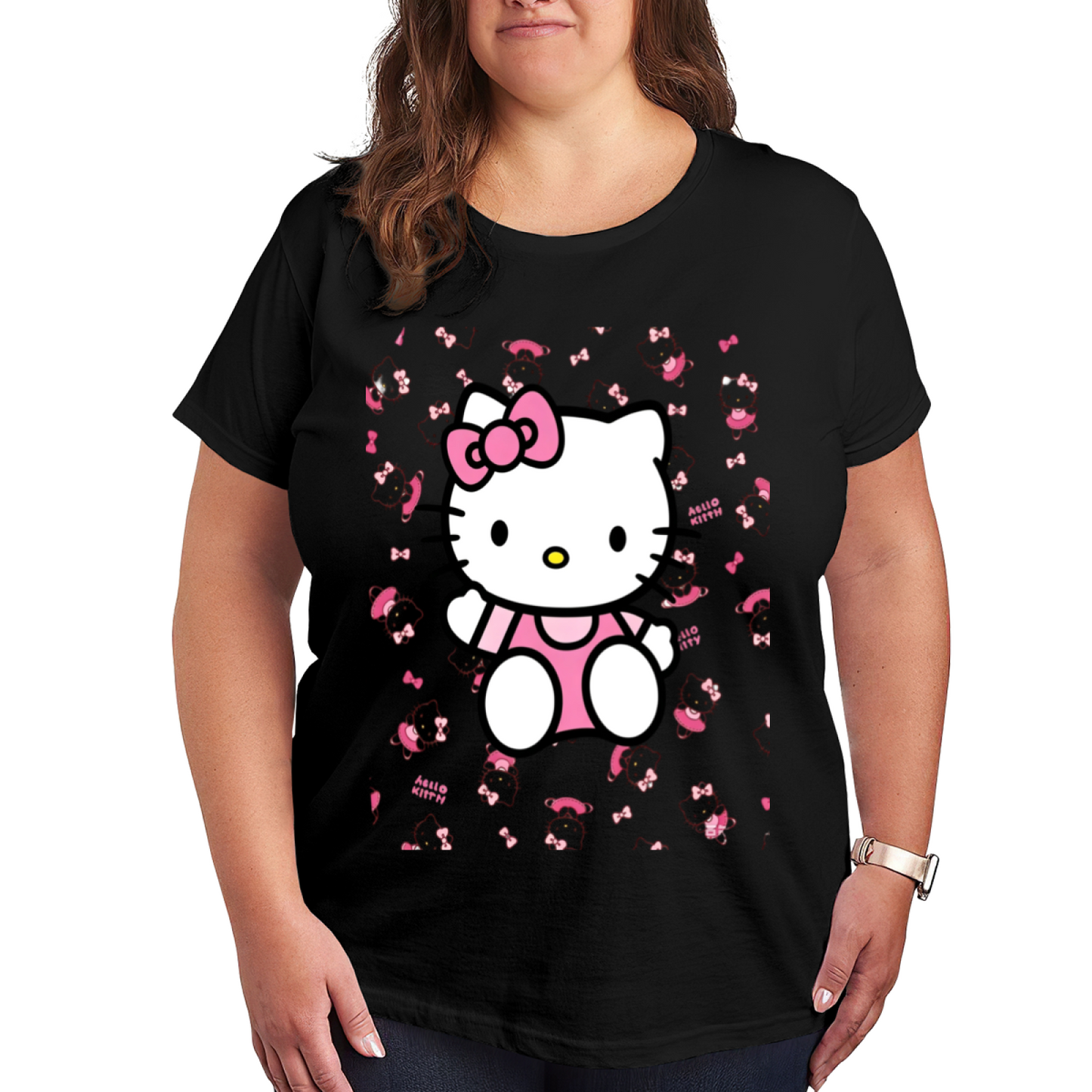 Playful Hello Kitty All?Over Background Print Plus Size Women Tee