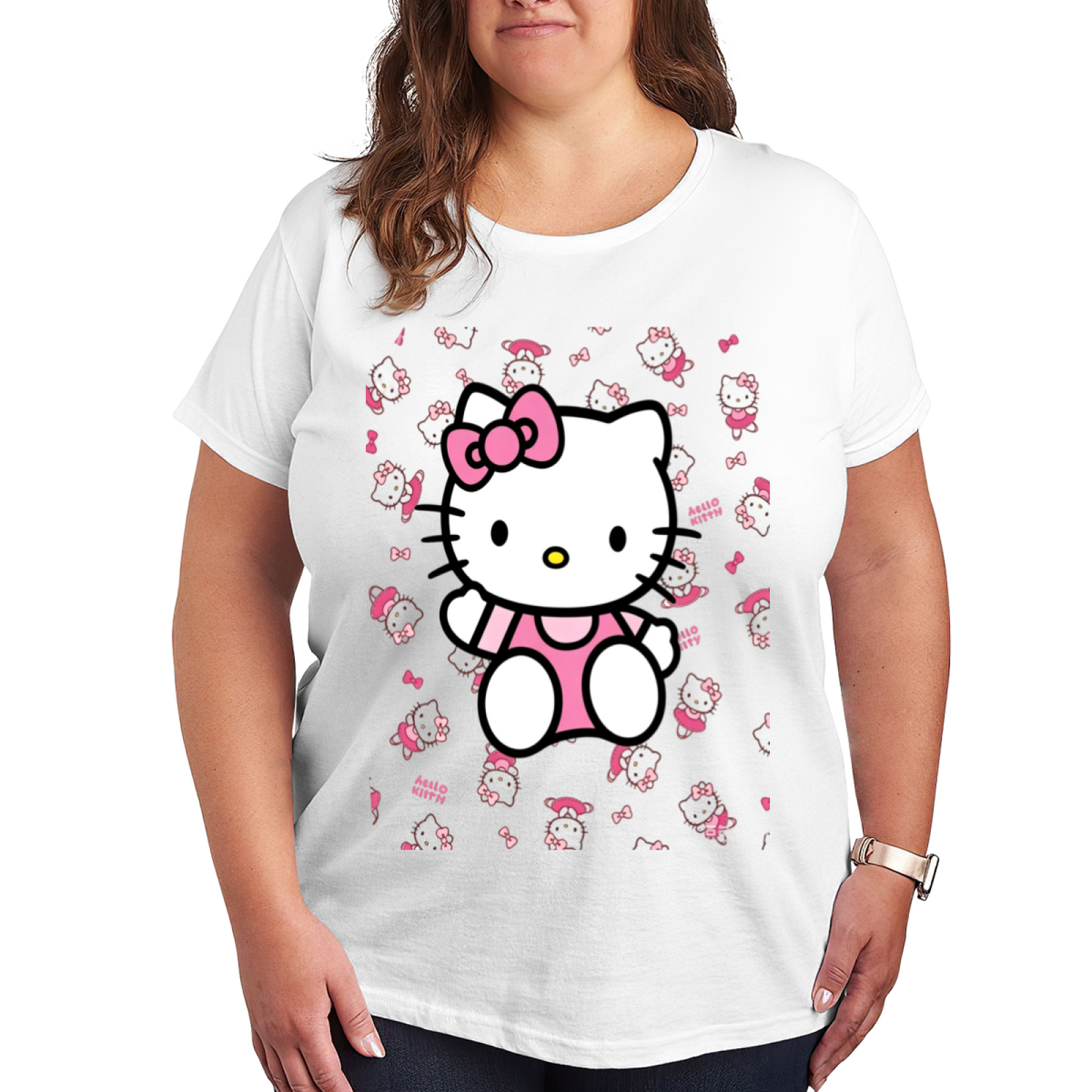 Playful Hello Kitty All?Over Background Print Plus Size Women Tee