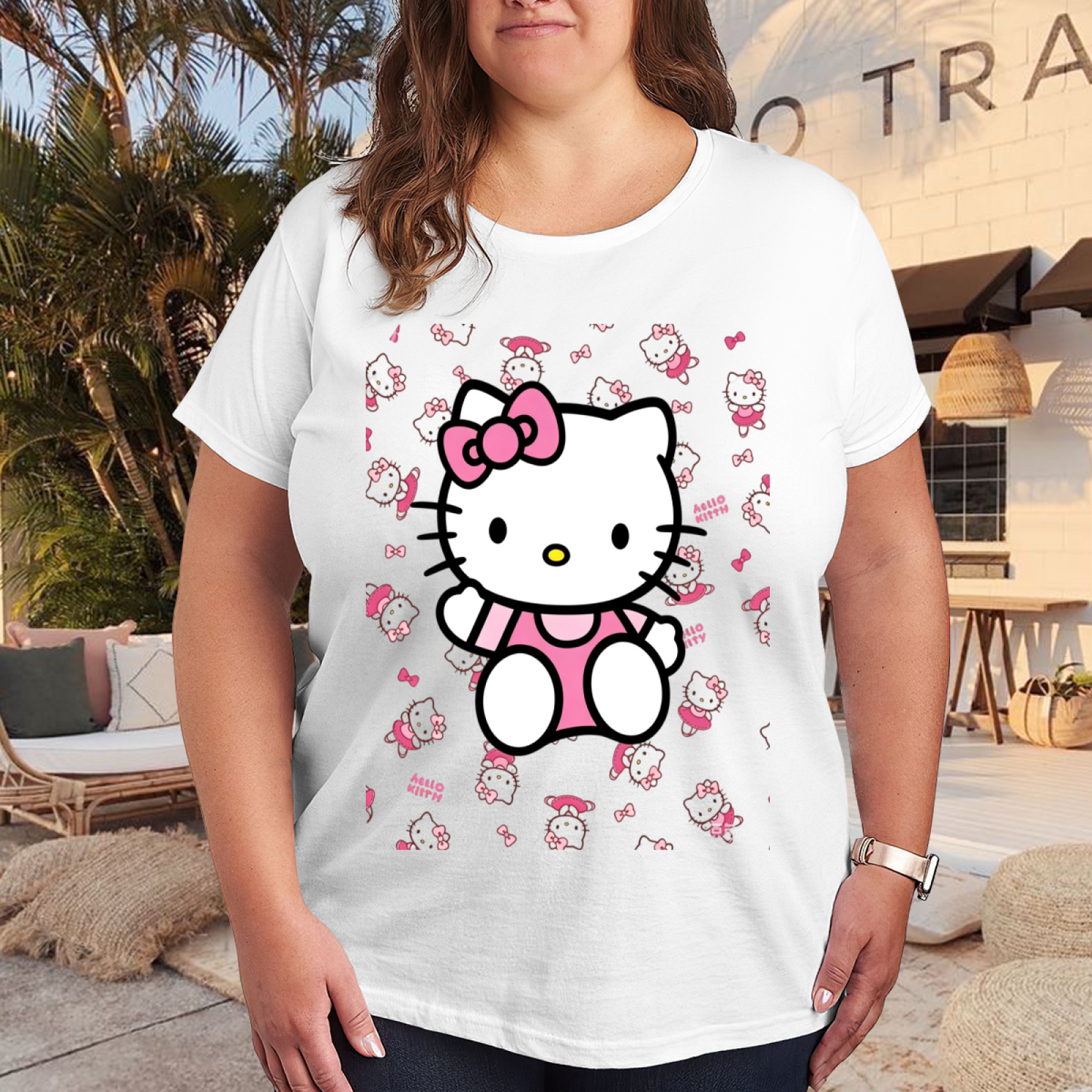 Playful Hello Kitty All?Over Background Print Plus Size Women Tee