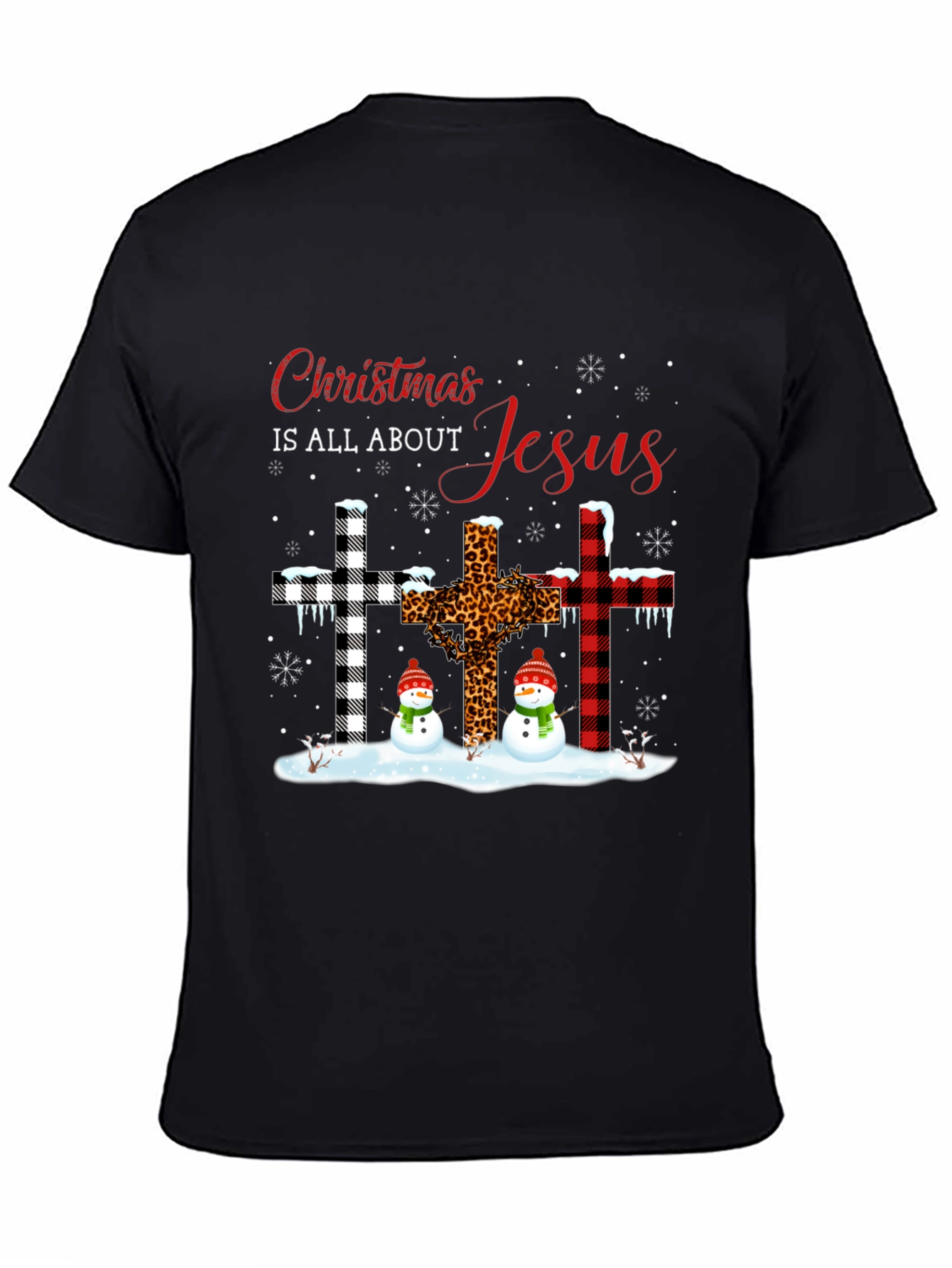 Christmas Jesus Crosses Snowmen Black T-Shirt