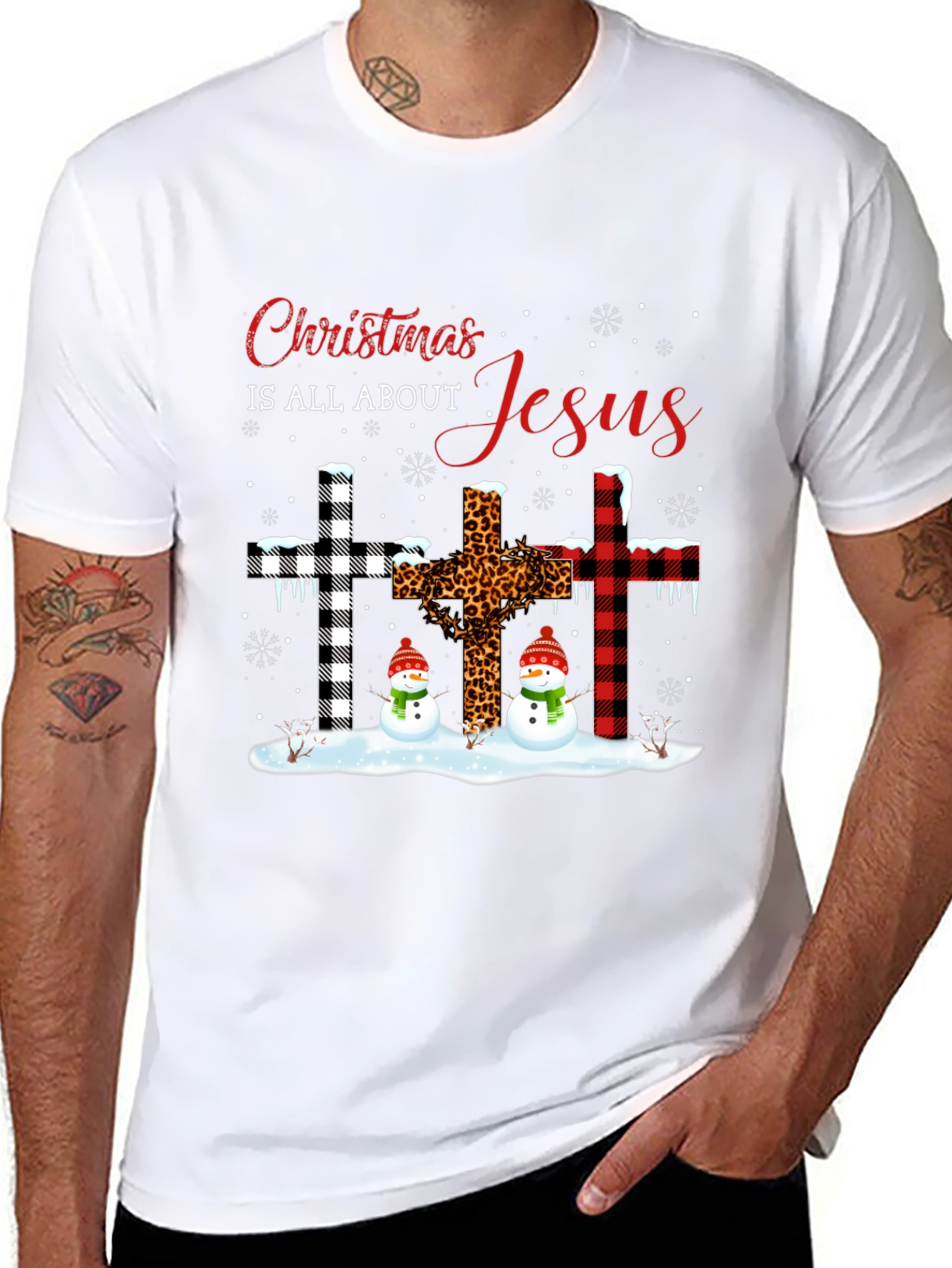 Christmas Jesus Crosses Snowmen Black T-Shirt