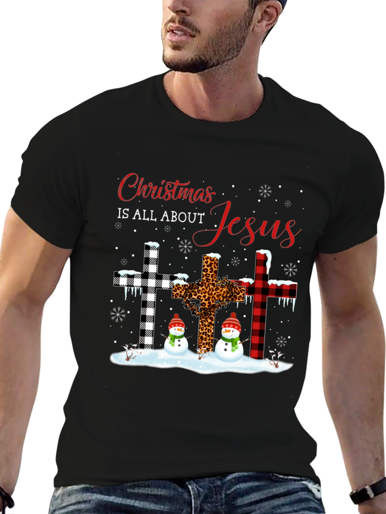 Christmas Jesus Crosses Snowmen Black T-Shirt