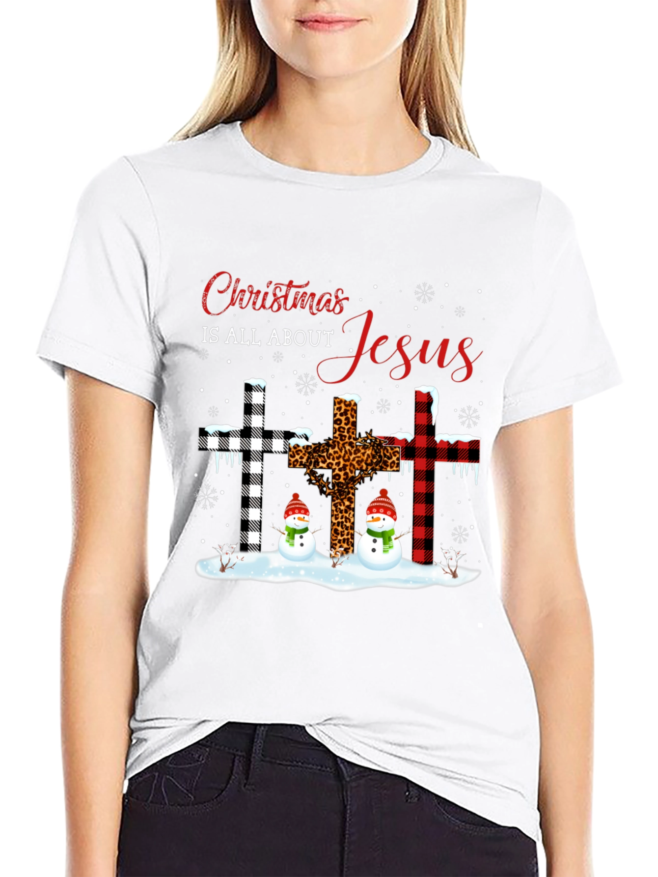 Christmas Jesus Crosses Snowmen Black T-Shirt