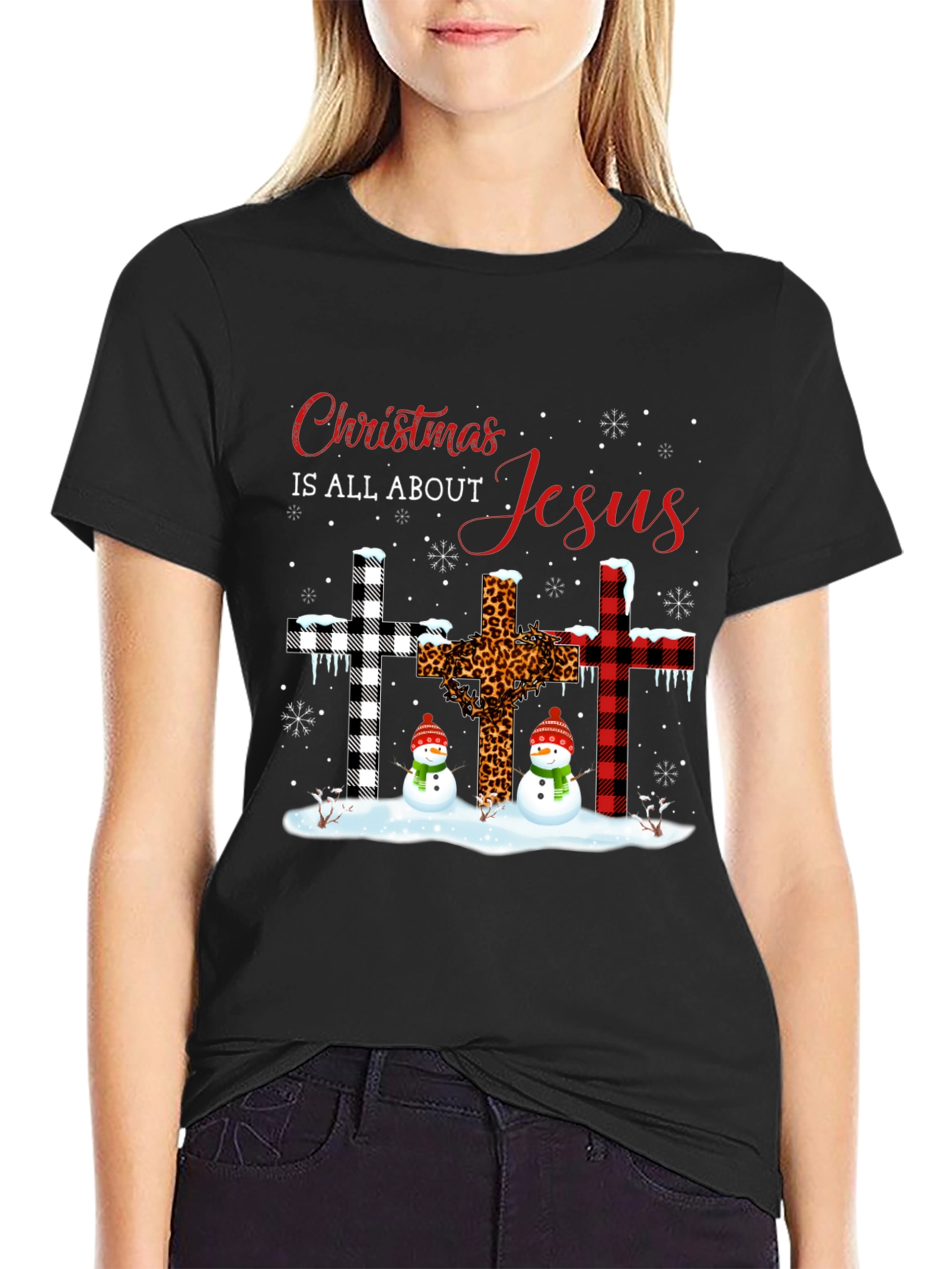 Christmas Jesus Crosses Snowmen Black T-Shirt