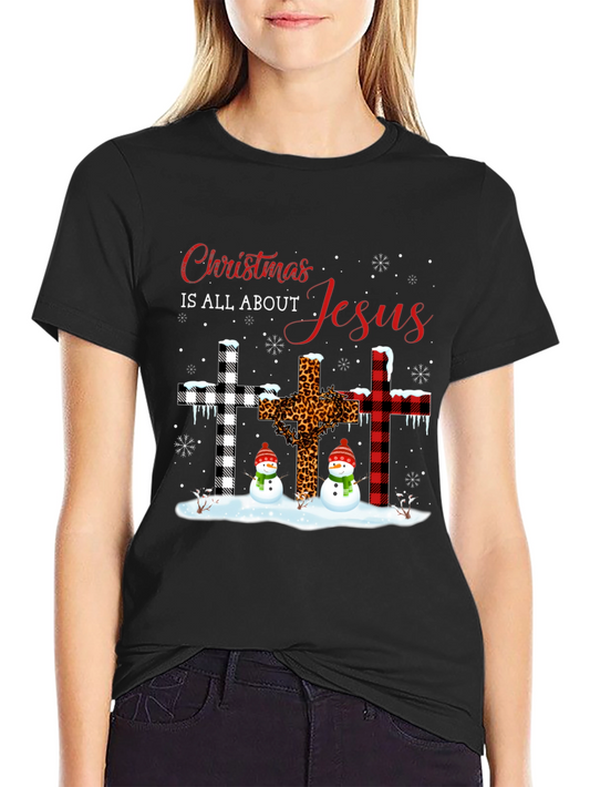 Christmas Jesus Crosses Snowmen Black T-Shirt