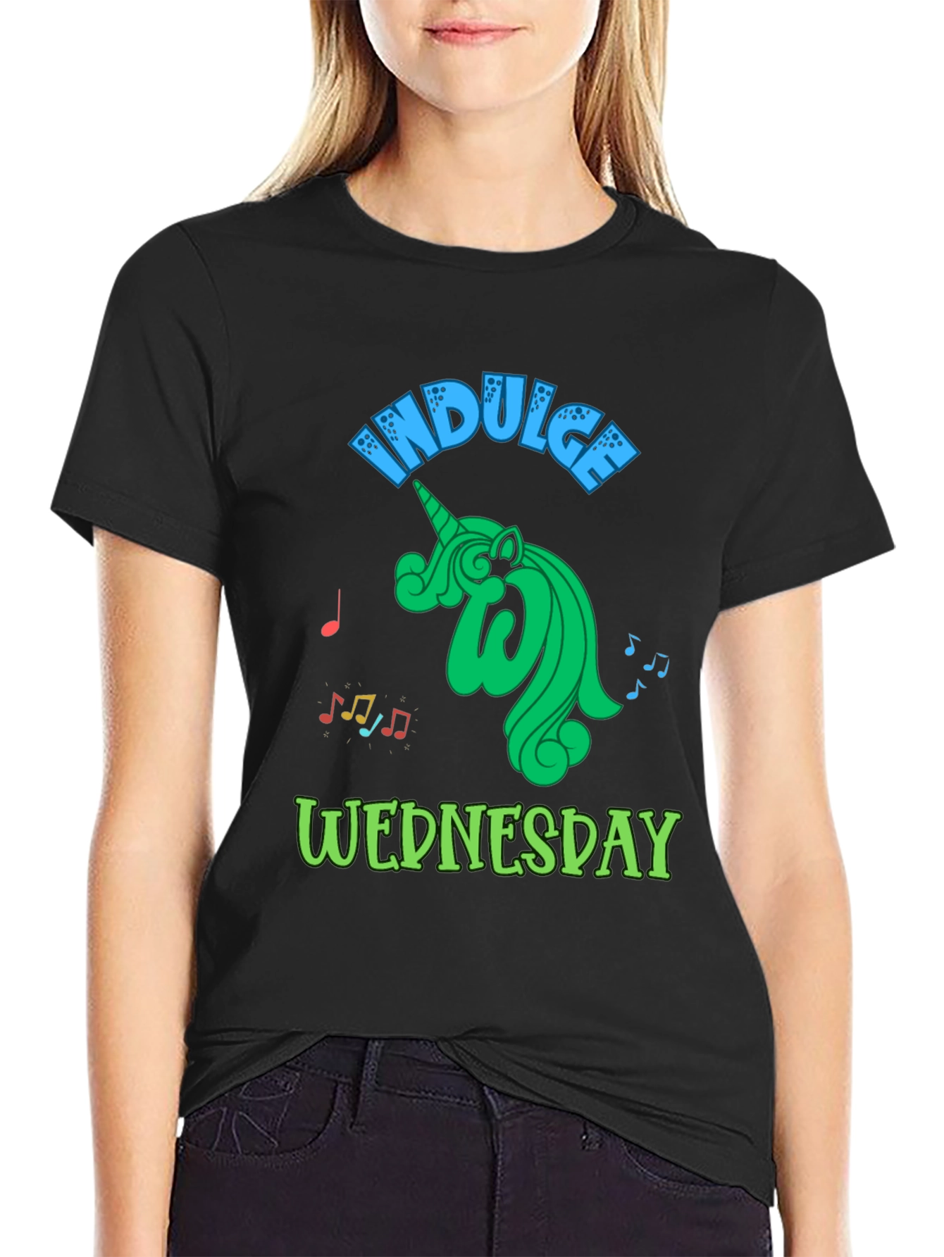 Indulge Wednesday Black T-Shirt Unicorn Design